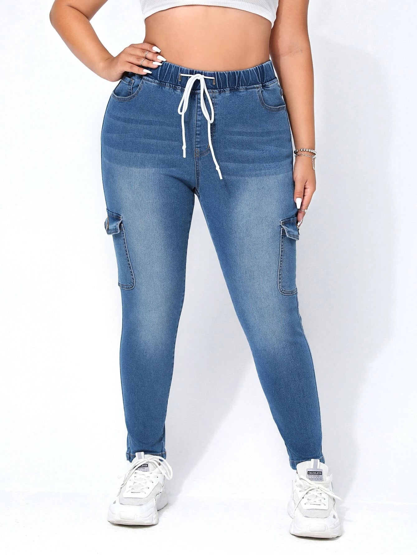 Versatile Drawstring Waist Cargo Jeans – women's cargo pants front view