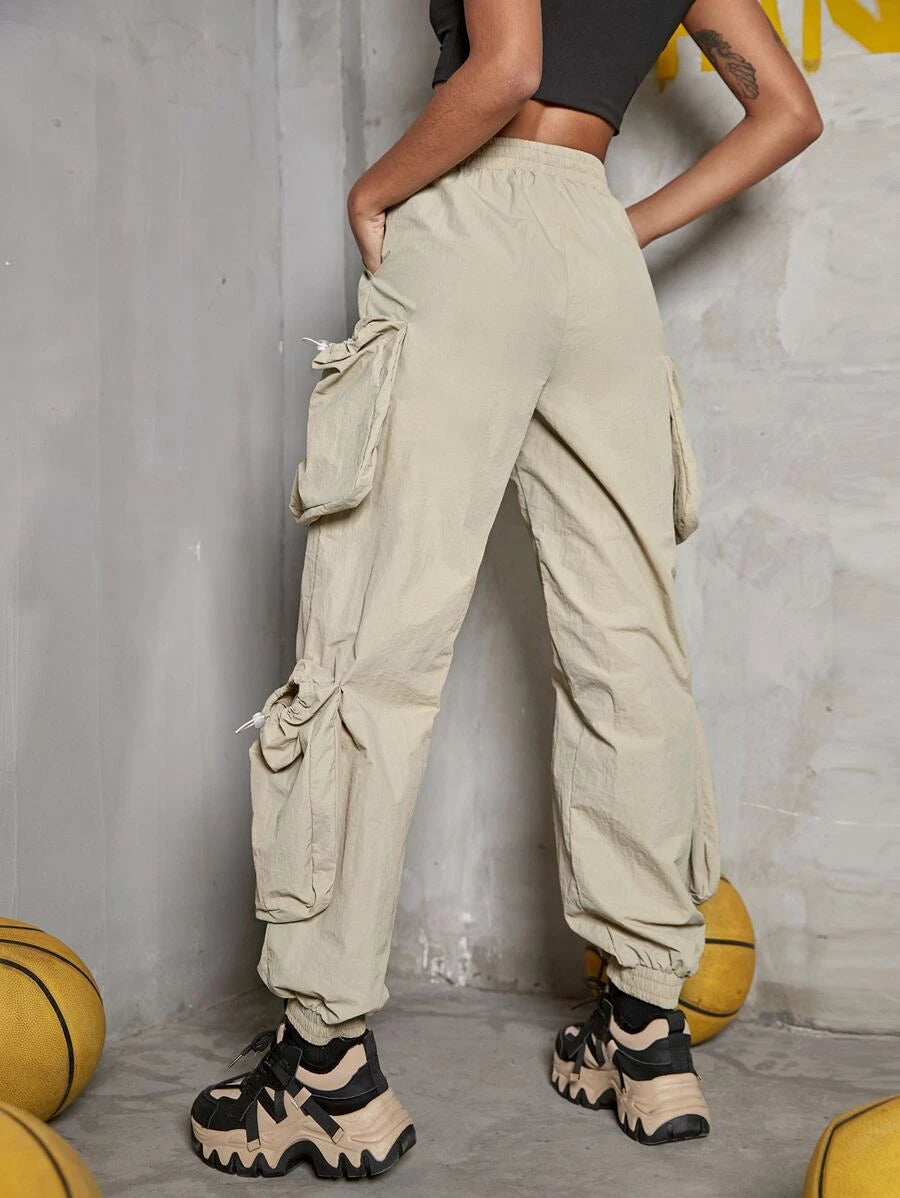 Casual Drawstring Waist Flap Side Pocket Cargo Pants – pocket detail close-up