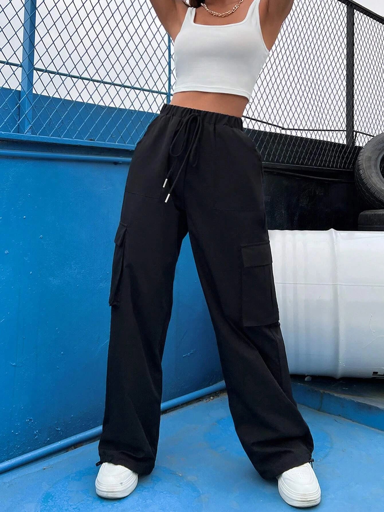 Flap Pocket Side Drawstring Waist Casual Cargo Pants – pocket detail close-up