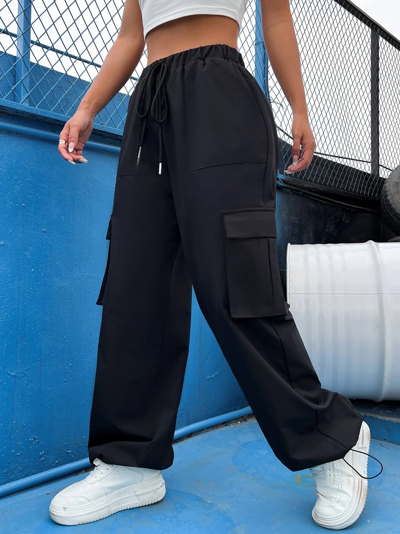Flap Pocket Side Drawstring Waist Casual Cargo Pants – back view detail