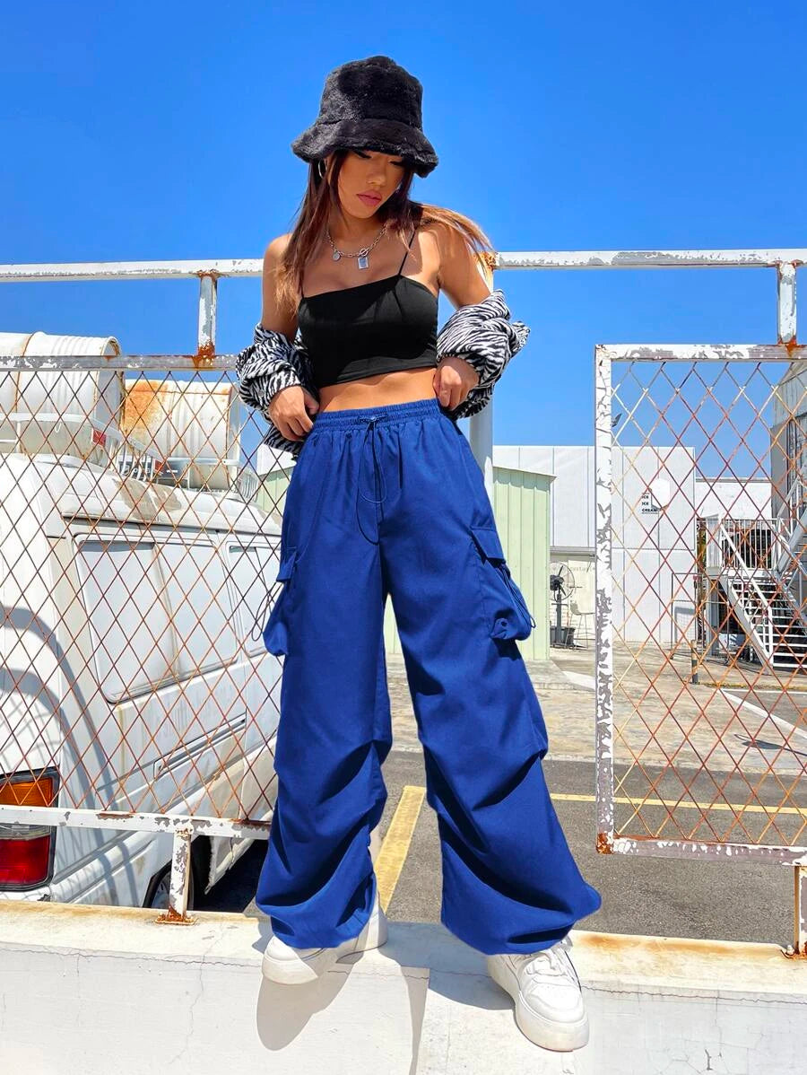 Flap Pocket Side Drawstring Waist Cargo Pants in Black #s-14 – lifestyle view 42