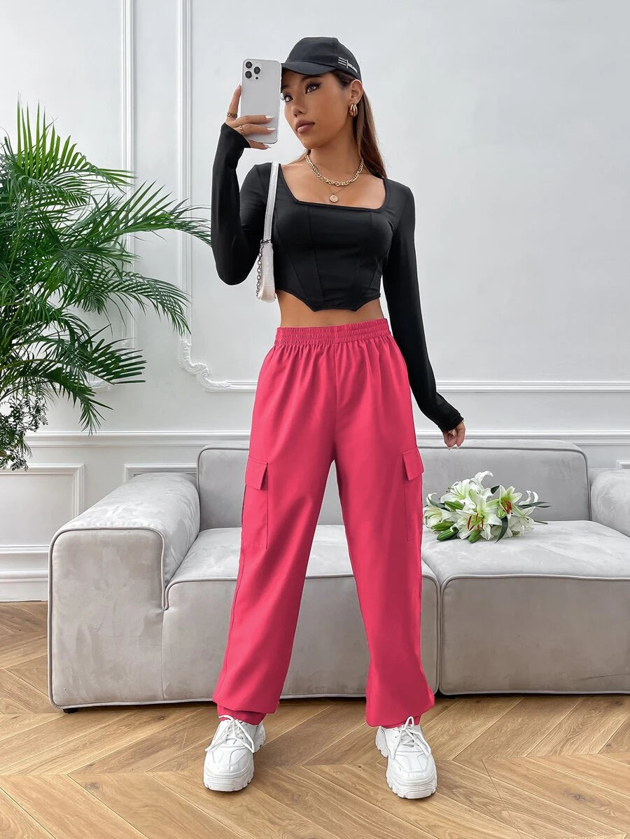 High Waist Side Pocket Flap Cargo Pants – pocket detail close-up