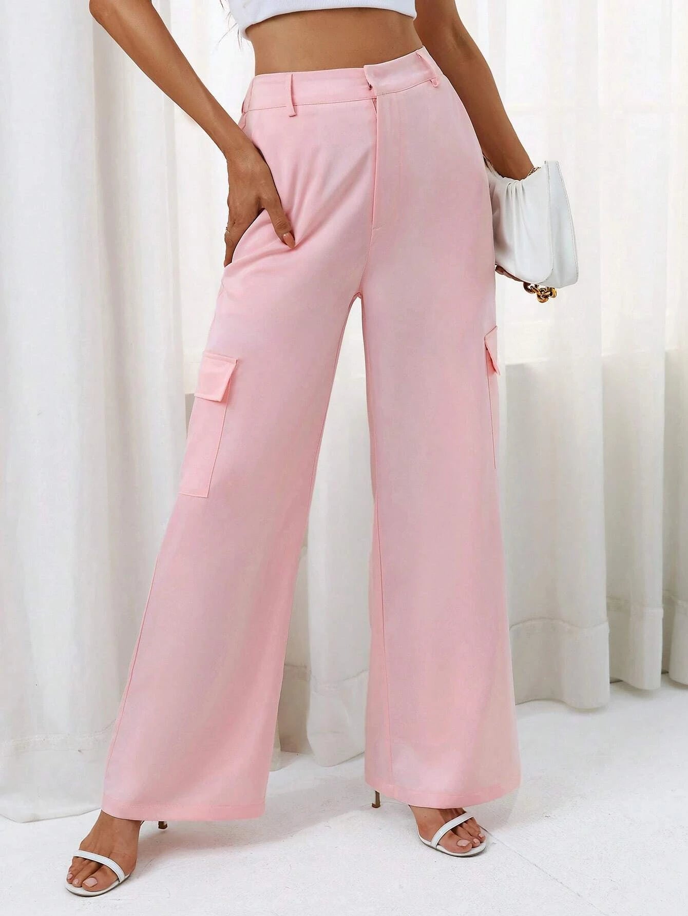 Plain High Waist Flap Pocket Pants – side profile view