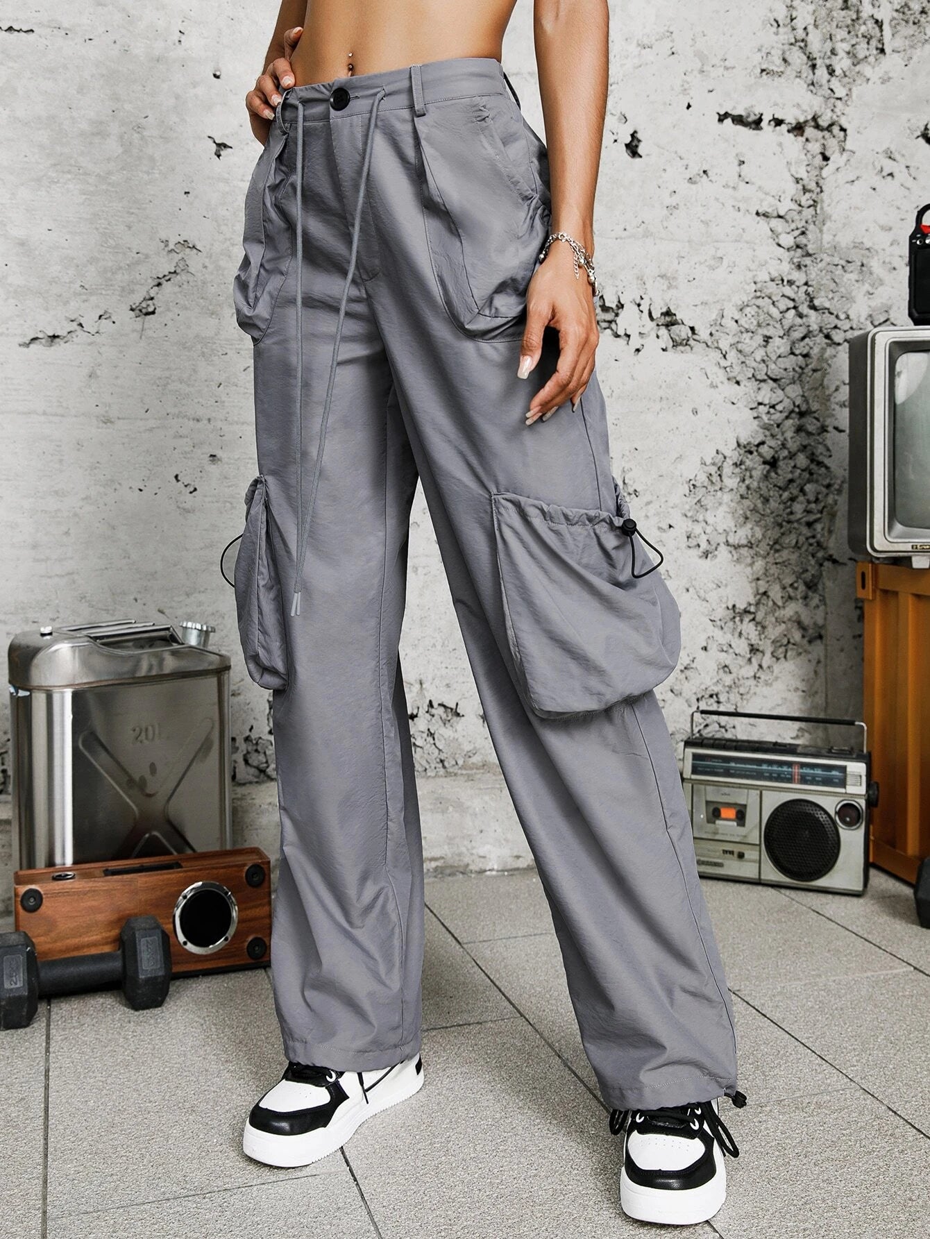 Solid Color Pocket Patched Cargo Pants – women's cargo pants front view