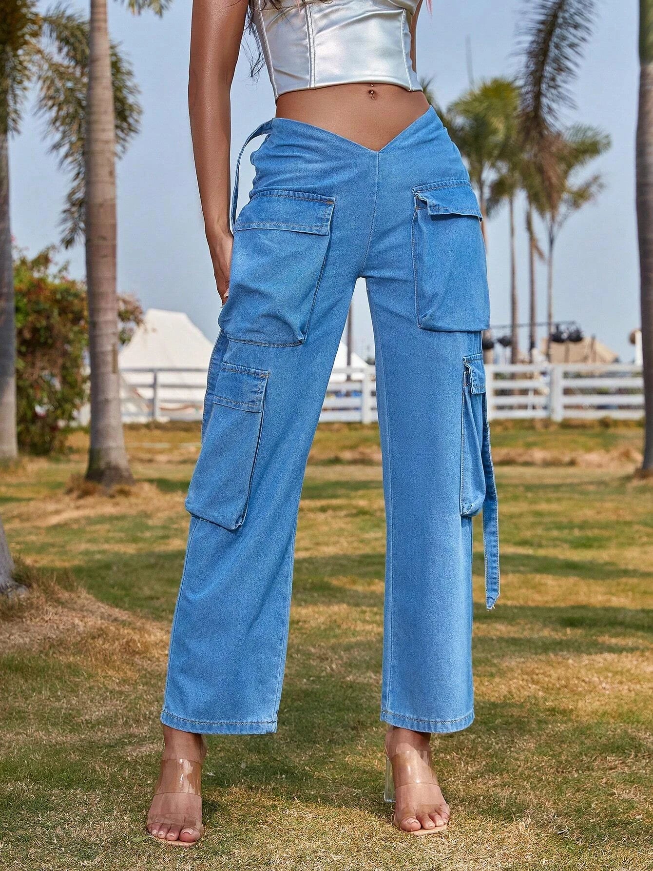 V Flap Pocket Straight Leg Cargo Jeans – side profile view