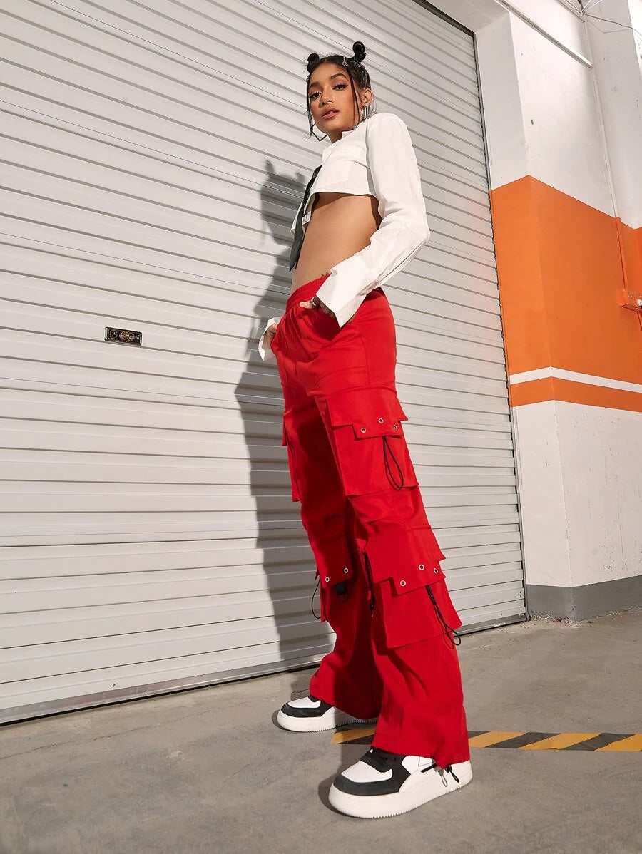 Flap Pocket Drawstring Hem Cargo Parachute Pants – lifestyle view 17