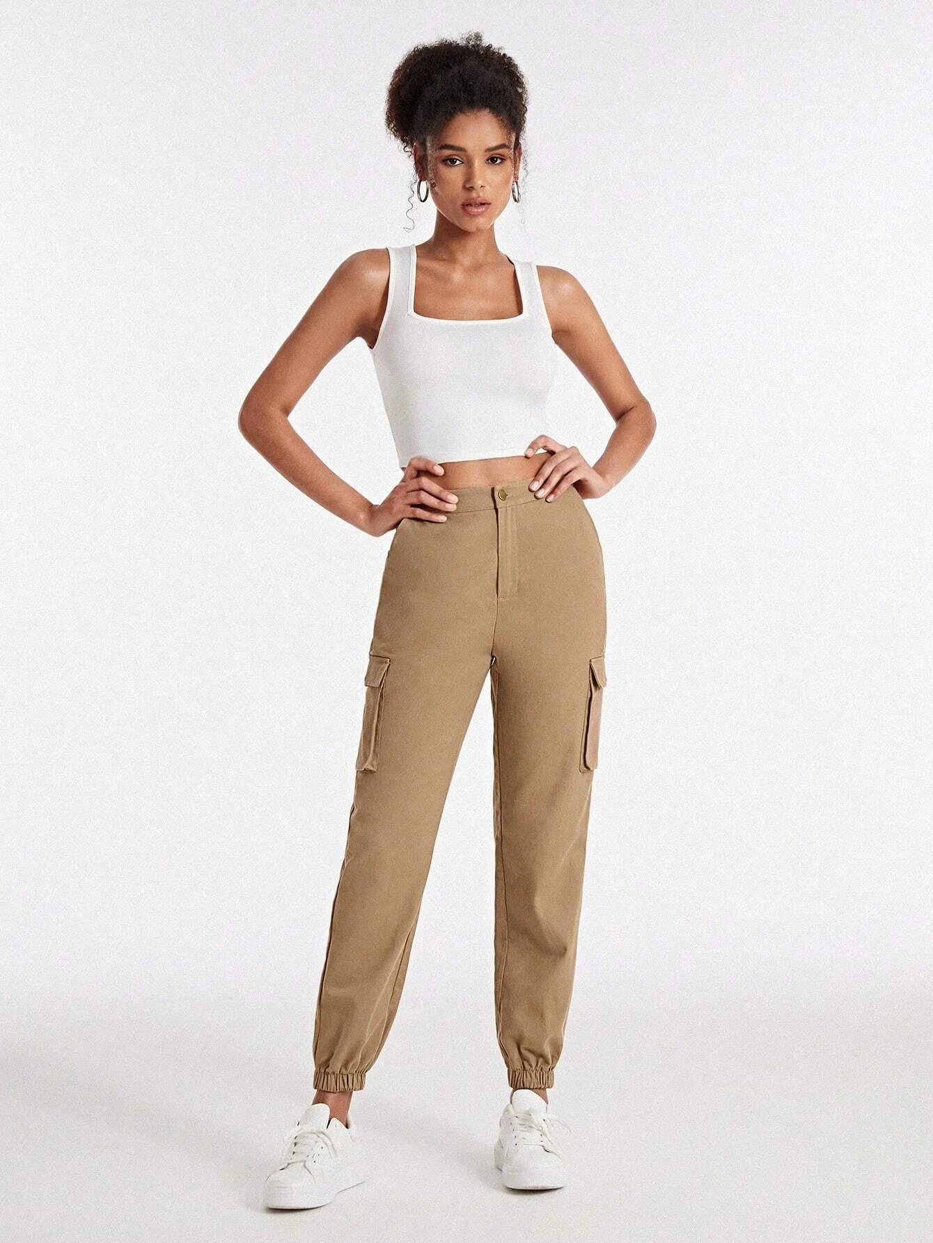 Casual Plain Flap Side Pocket Cargo Pants – pocket detail close-up