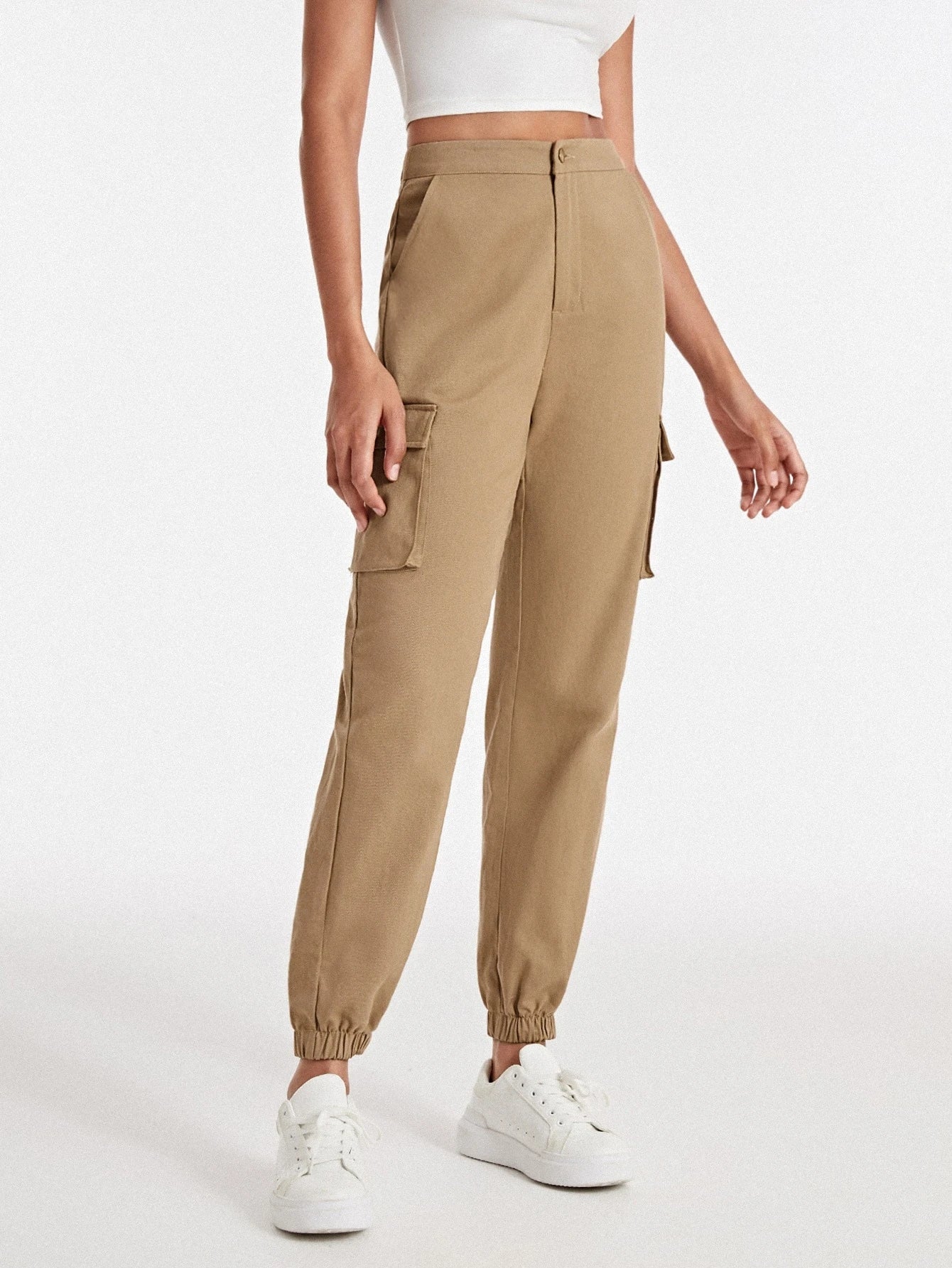 Casual Plain Flap Side Pocket Cargo Pants – waistband detail