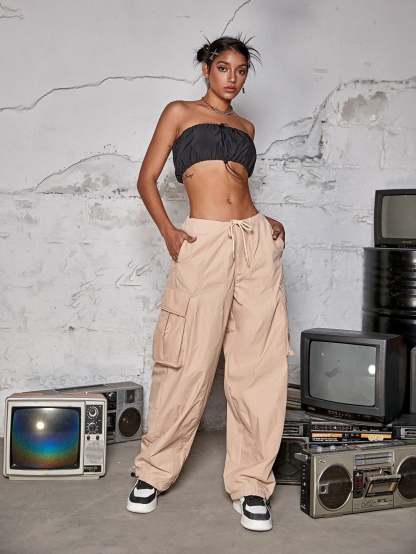 Drawstring Waist Wide Leg Parachute Cargo Jogger Pants