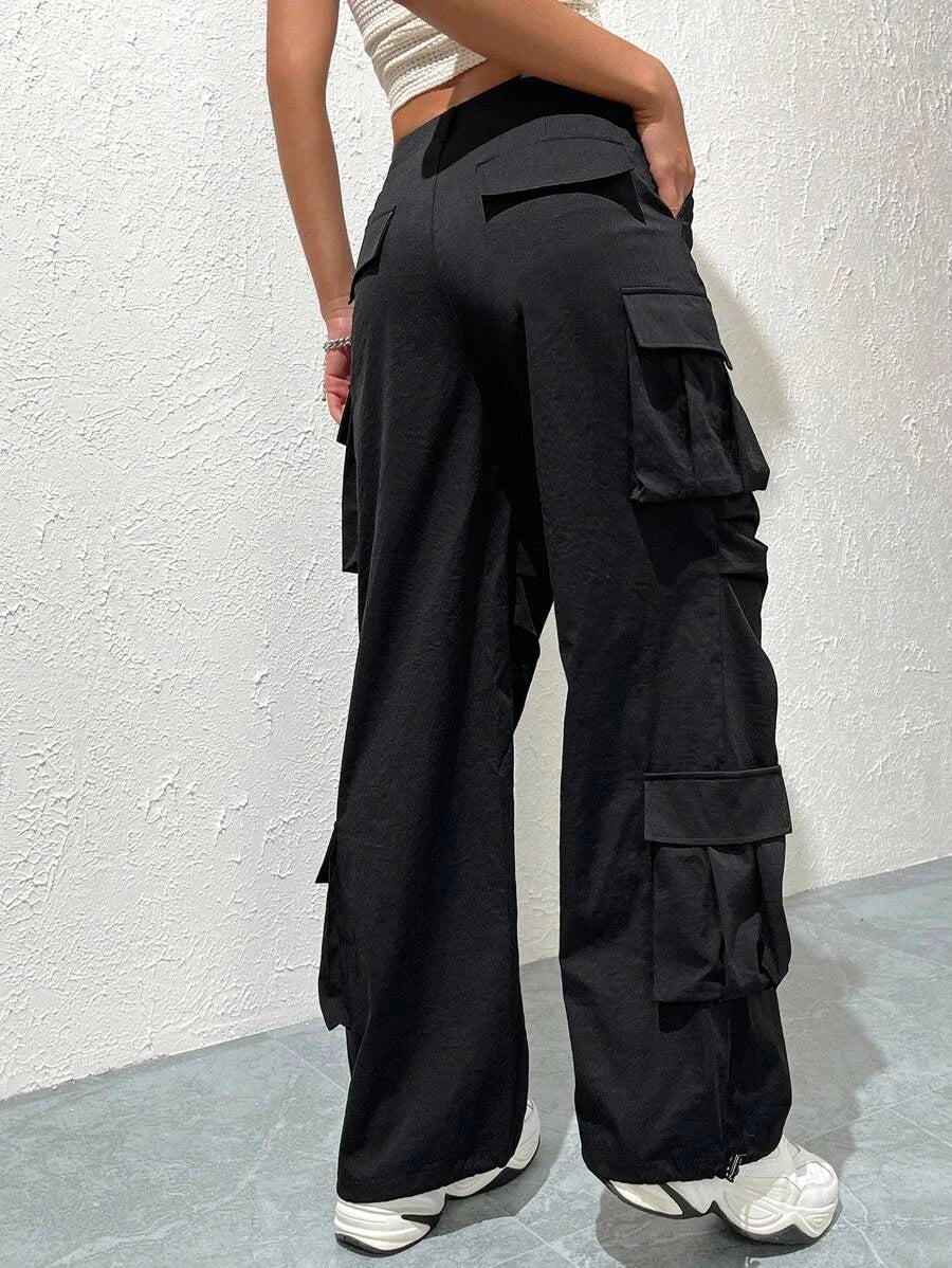 Trendy Solid Flap Side Pocket Cargo Pants – fit and style view