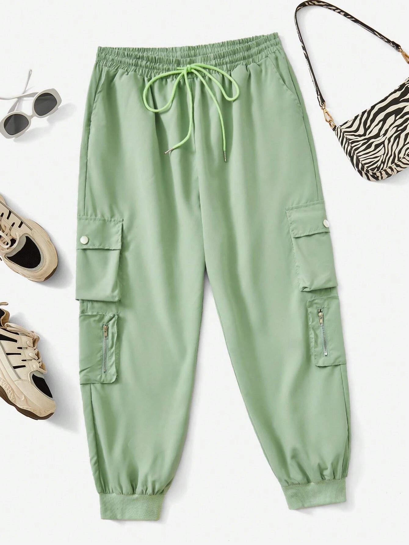 Flap Pocket Drawstring Cargo Pants in Green – lifestyle view 17