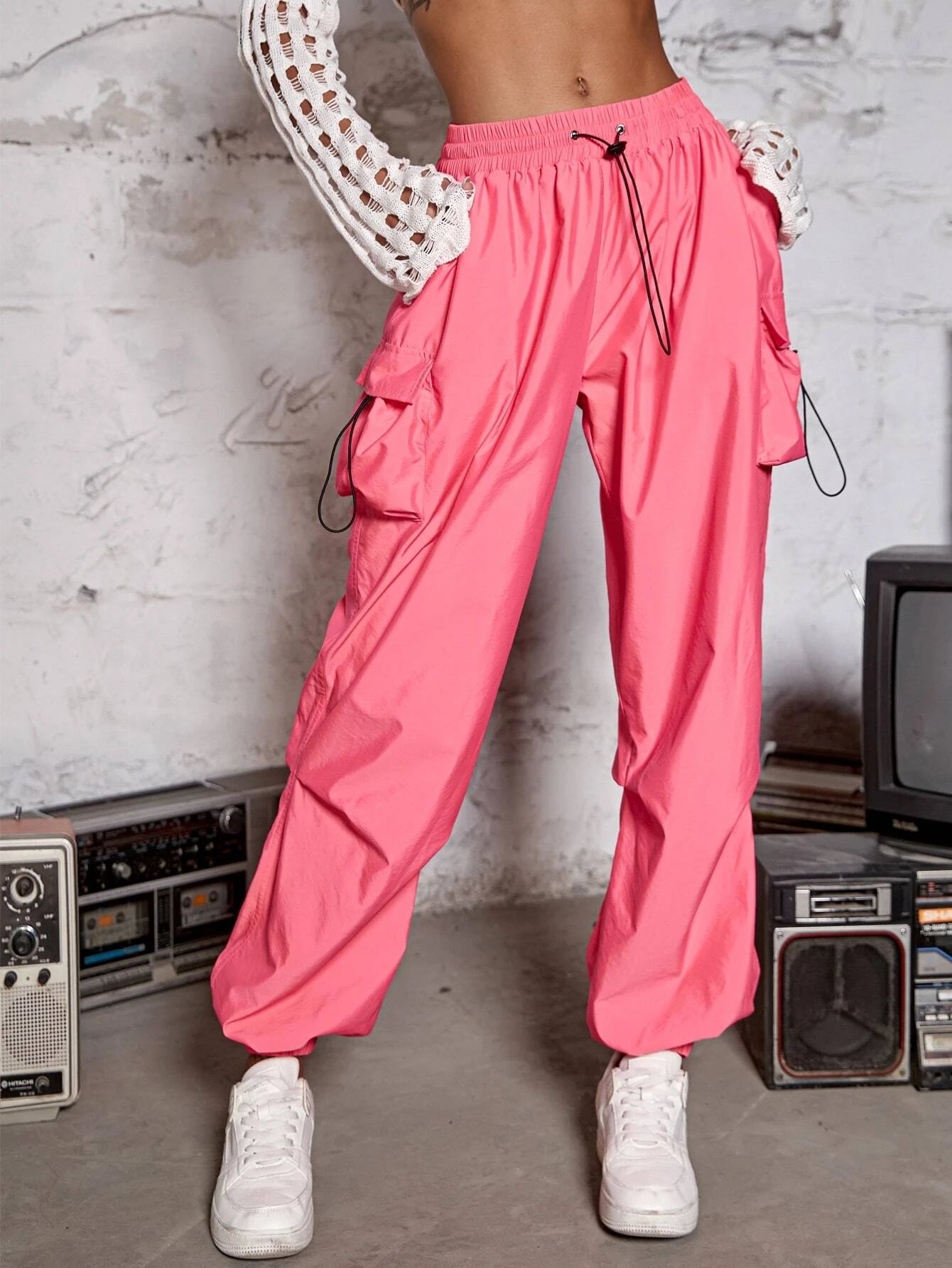 Street Drawstring Waist Cargo Parachute Pants – women's cargo pants front view
