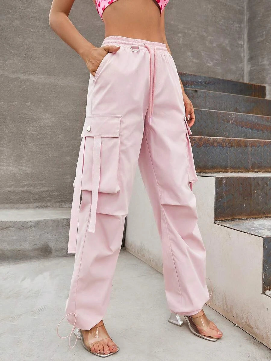 Flap Pocket Side Drawstring Waist Cargo Pants in Red – waistband detail