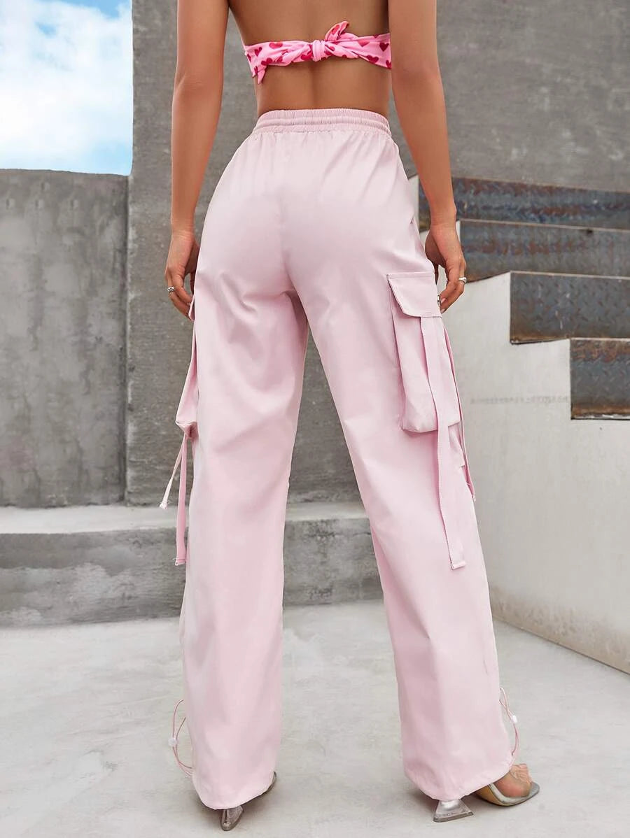 Flap Pocket Side Drawstring Waist Cargo Pants in Red – full length outfit view