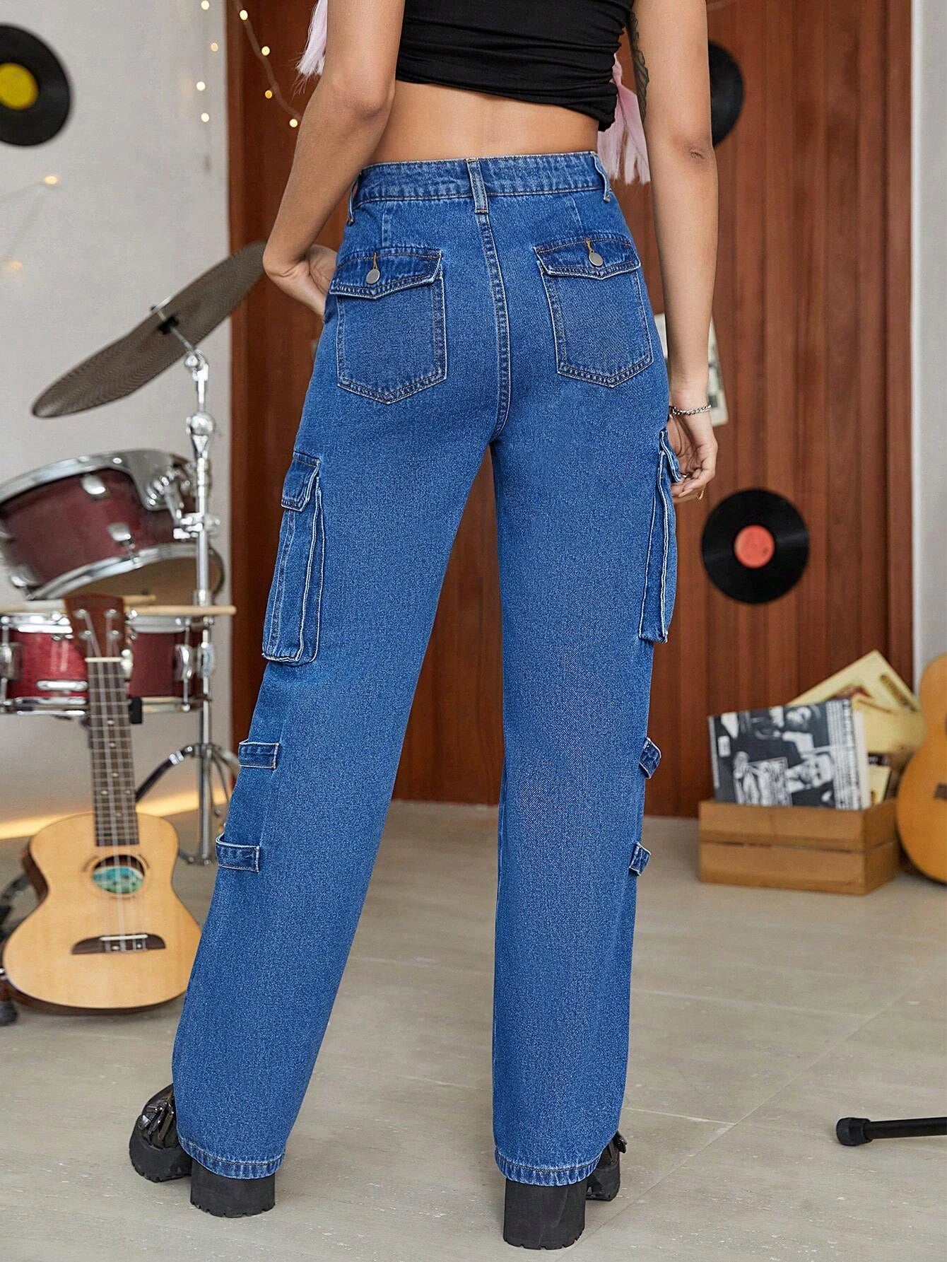 Flap Pocket Plain Cargo Jeans Style 3 – side profile view