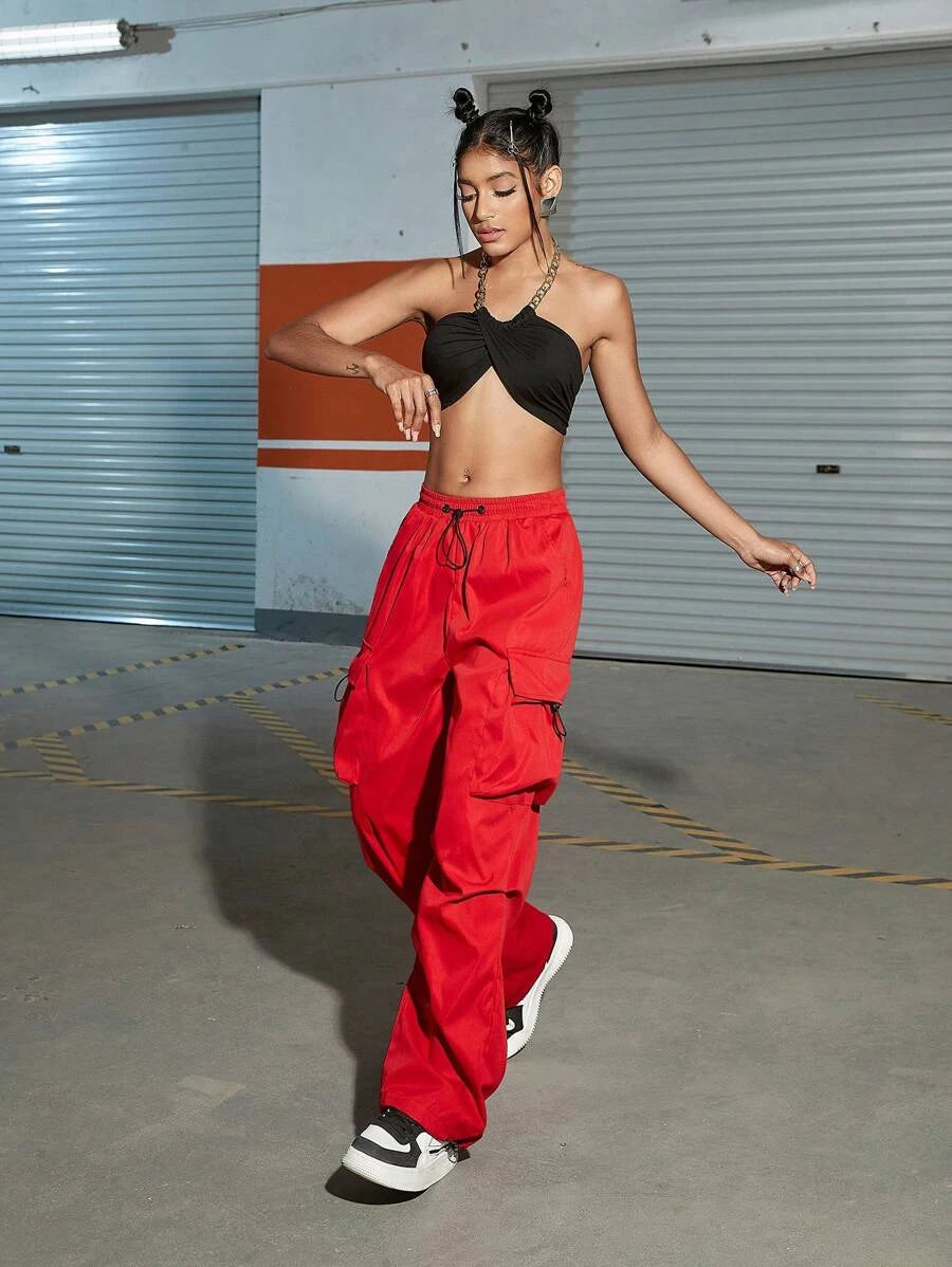 Hip Hop Flap Pocket Drawstring Waist Parachute Cargo Pants - Stretch Com – styled outfit view