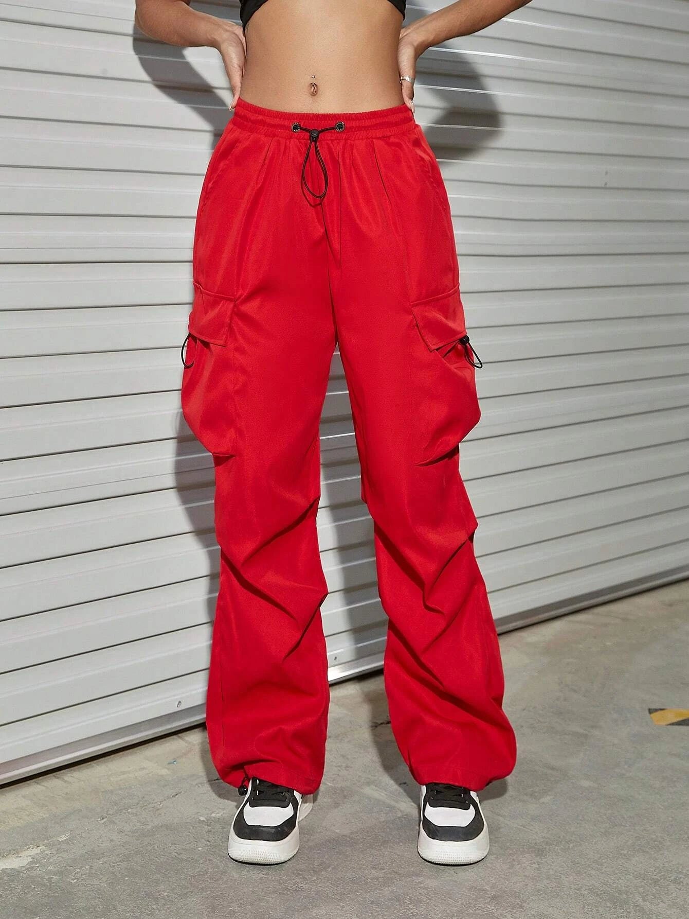 Hip Hop Flap Pocket Parachute Cargo Pants – model wearing view