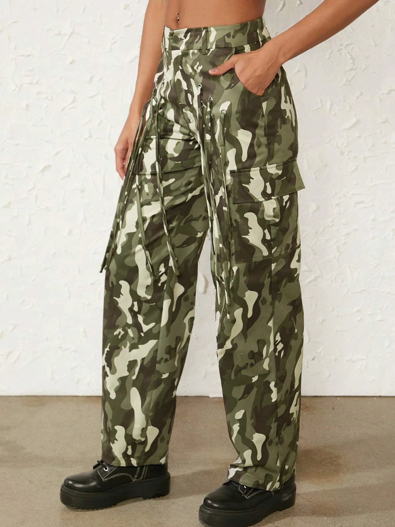 Camo Flap Pocket Side Cargo Pants – women's cargo pants front view
