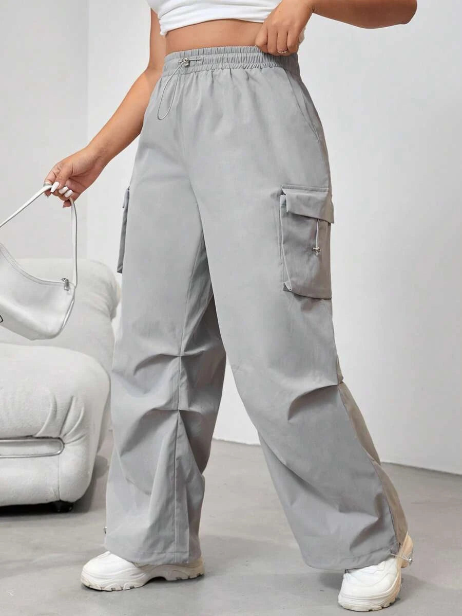 Flap Side Pocket Drawstring Waist Loose Cargo Pants – model wearing view