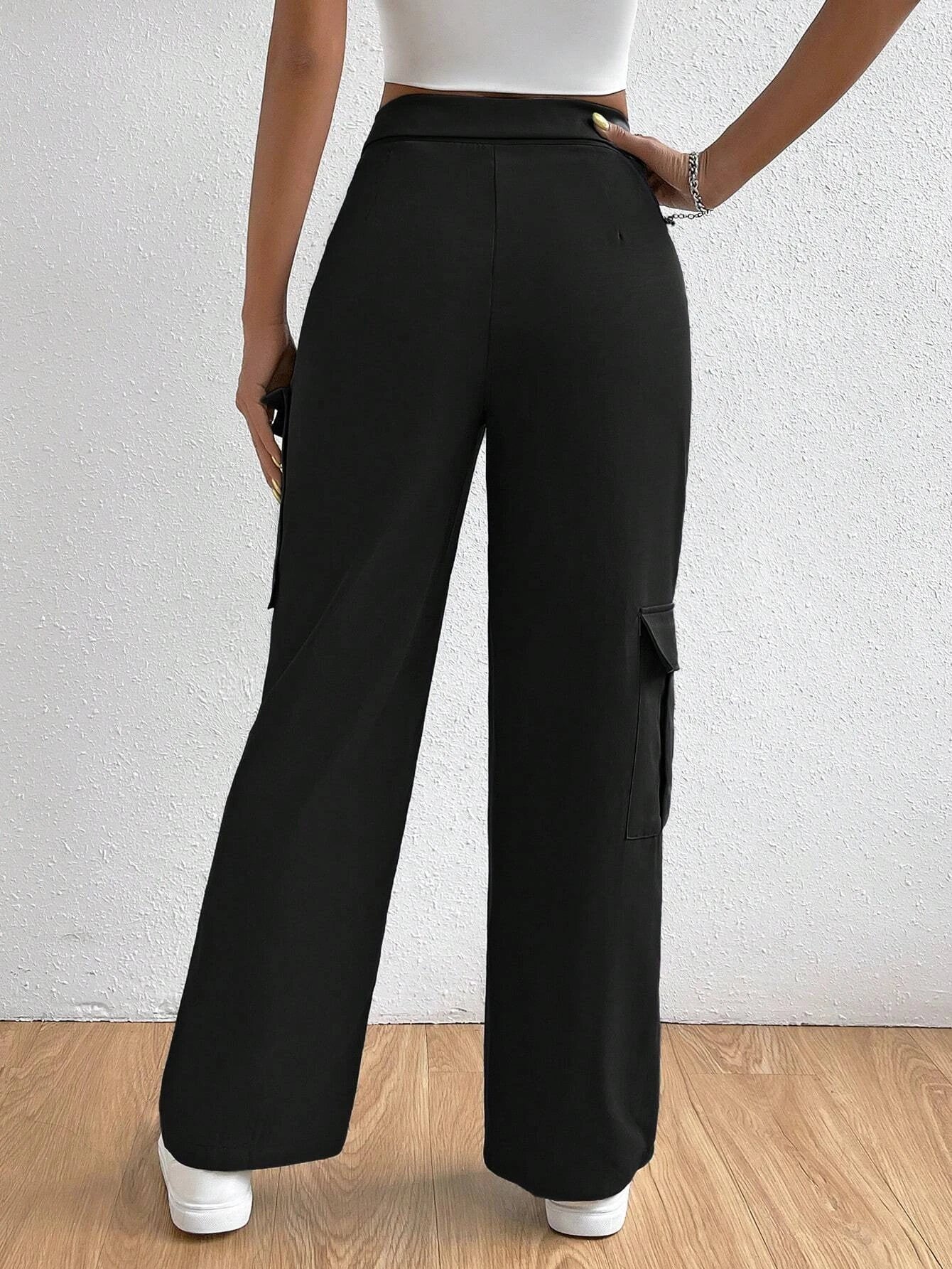 Folded Waist Side Flap Pocket Cargo Pants – side profile view