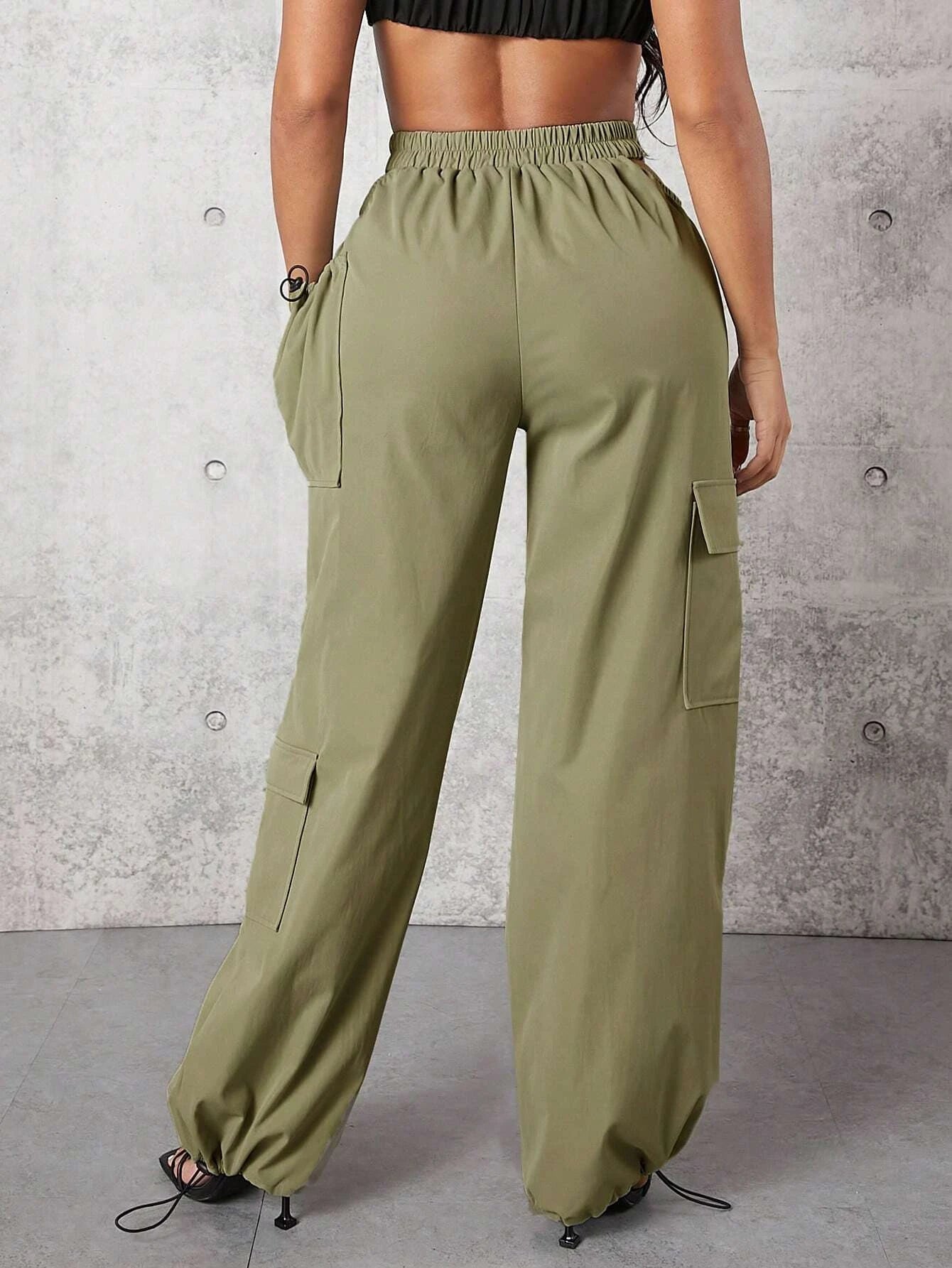 Solid Color Flap Pocket Drawstring Hem Cargo Pants – side profile view