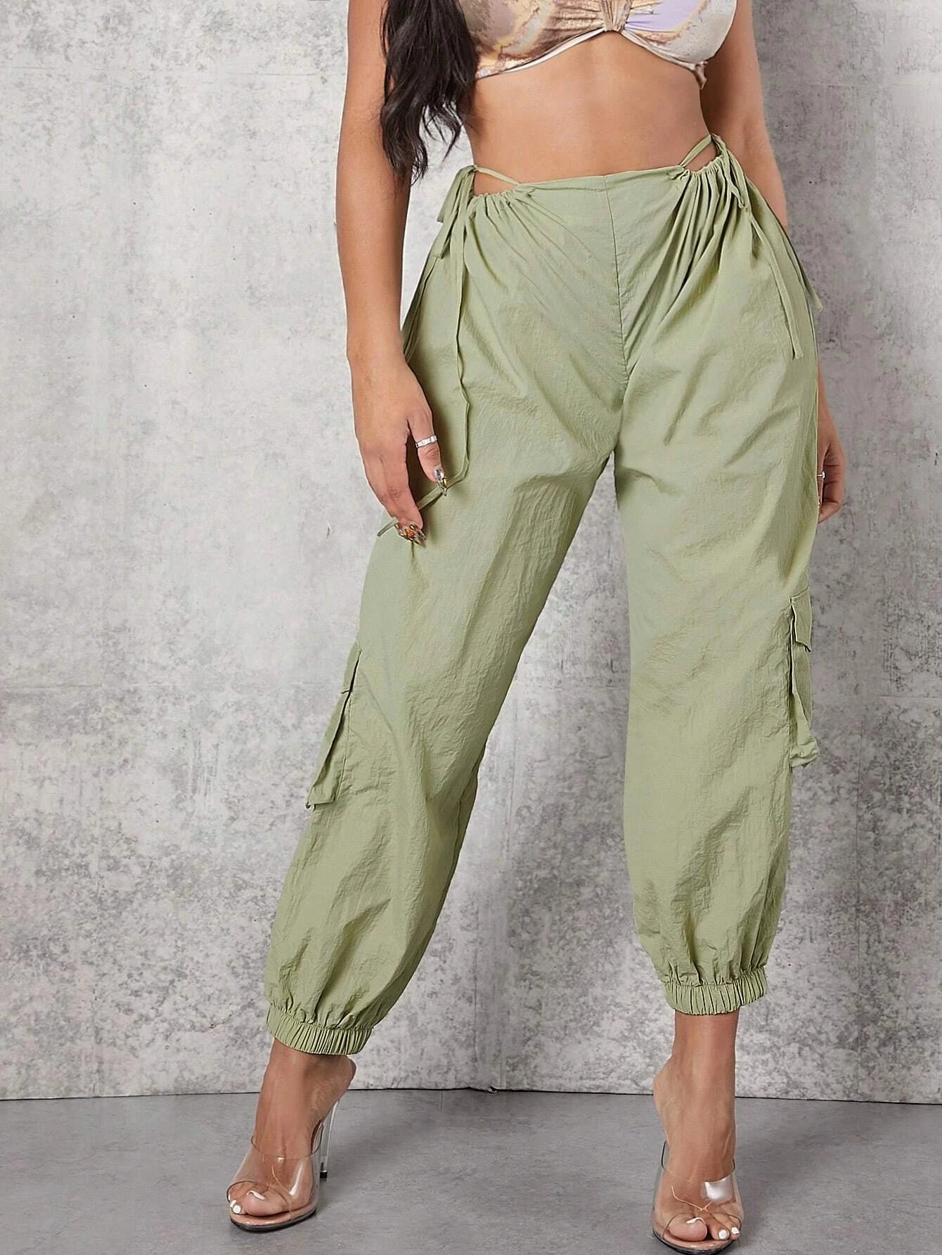 Casual Drawstring Waist Flap Pocket Cargo Pants – women's cargo pants front view