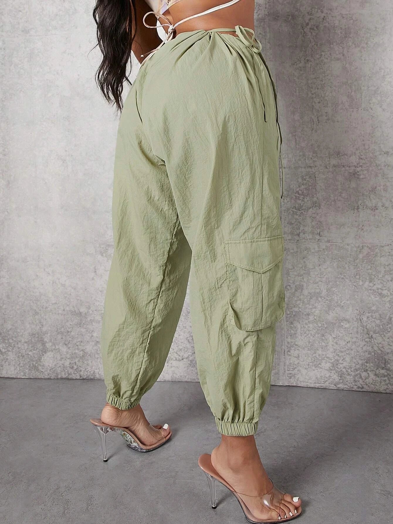 Casual Drawstring Waist Flap Pocket Cargo Pants – side profile view