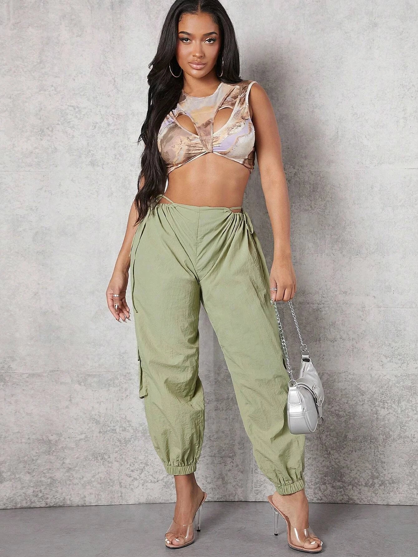 Casual Drawstring Waist Flap Pocket Cargo Pants – pocket detail close-up