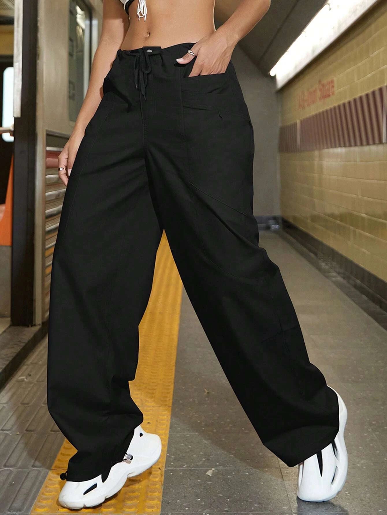 Drawstring Waist Slant Pocket Parachute Cargo Pants – women's cargo pants front view