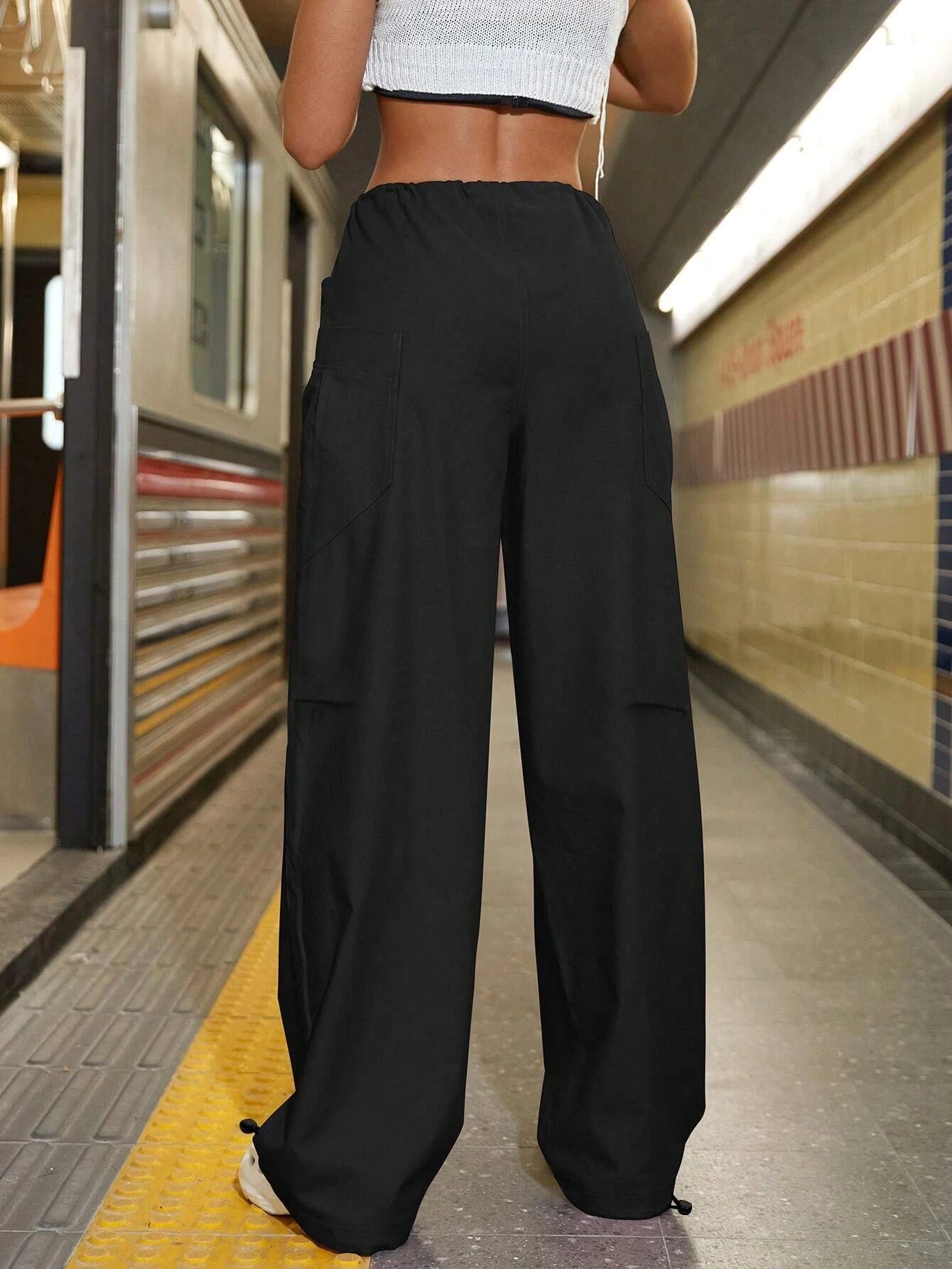 Drawstring Waist Slant Pocket Parachute Cargo Pants – side profile view