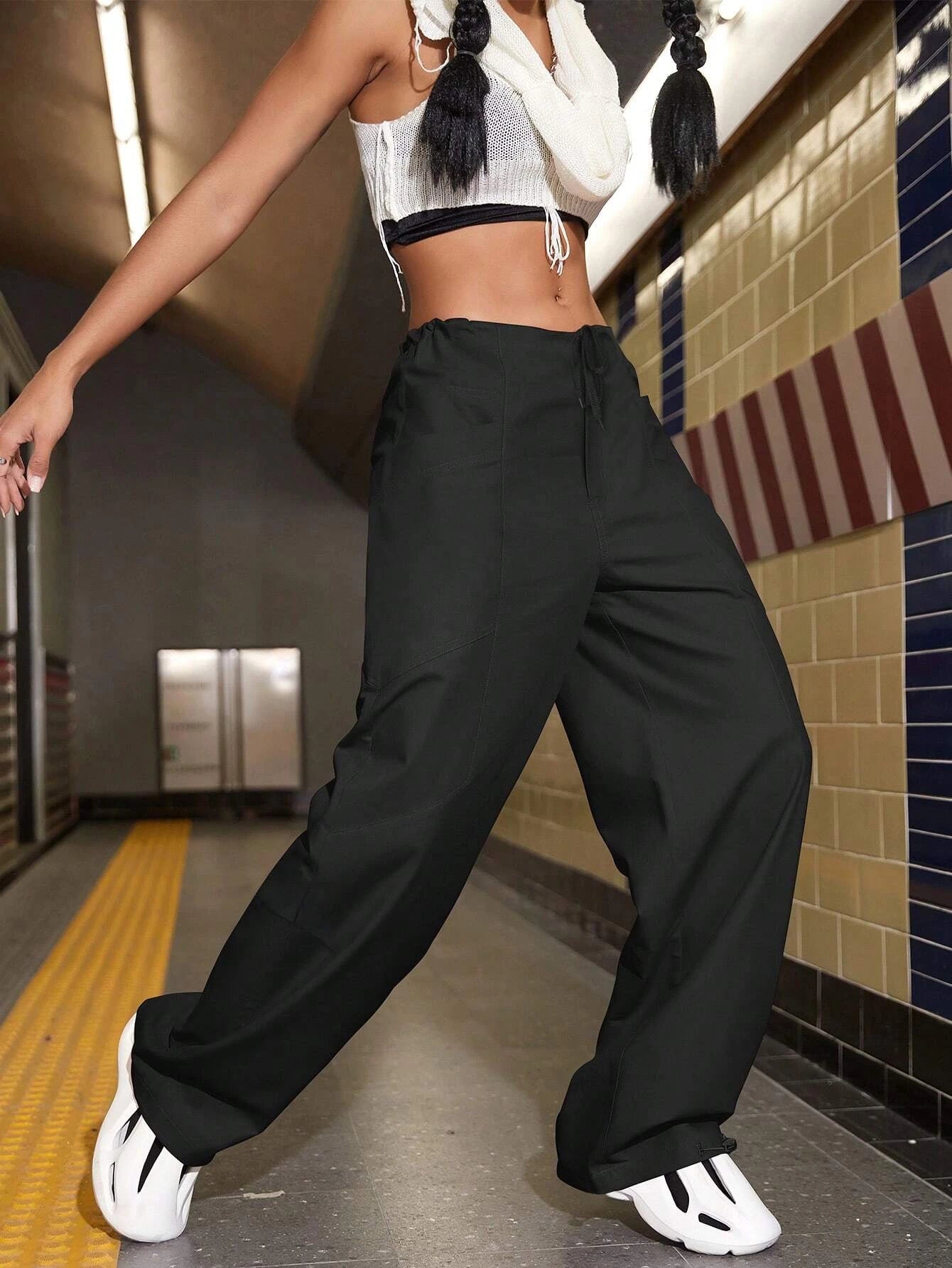 Drawstring Waist Slant Pocket Parachute Cargo Pants – back view detail