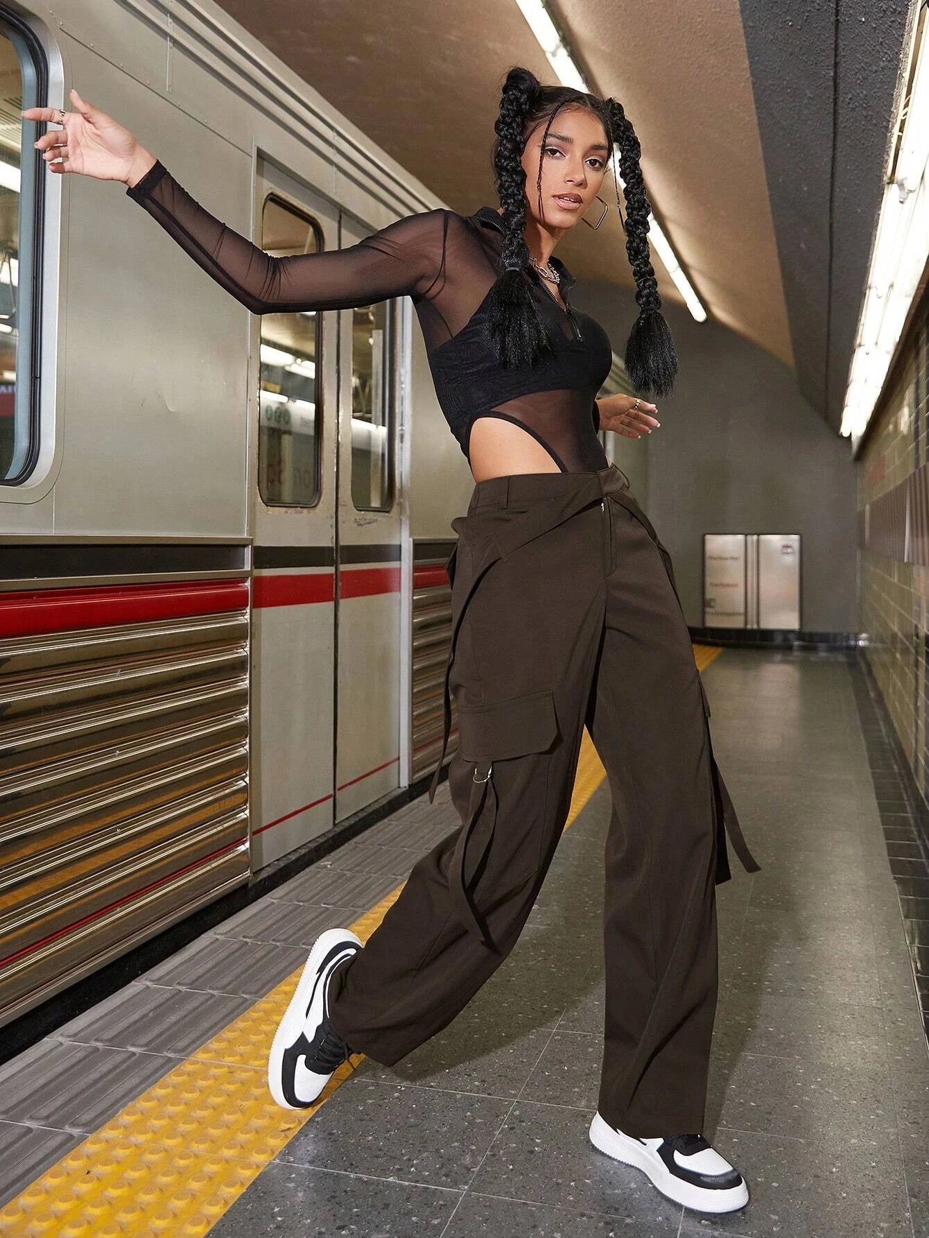 Street Style Cargo Pants With Flap Pockets – full length outfit view