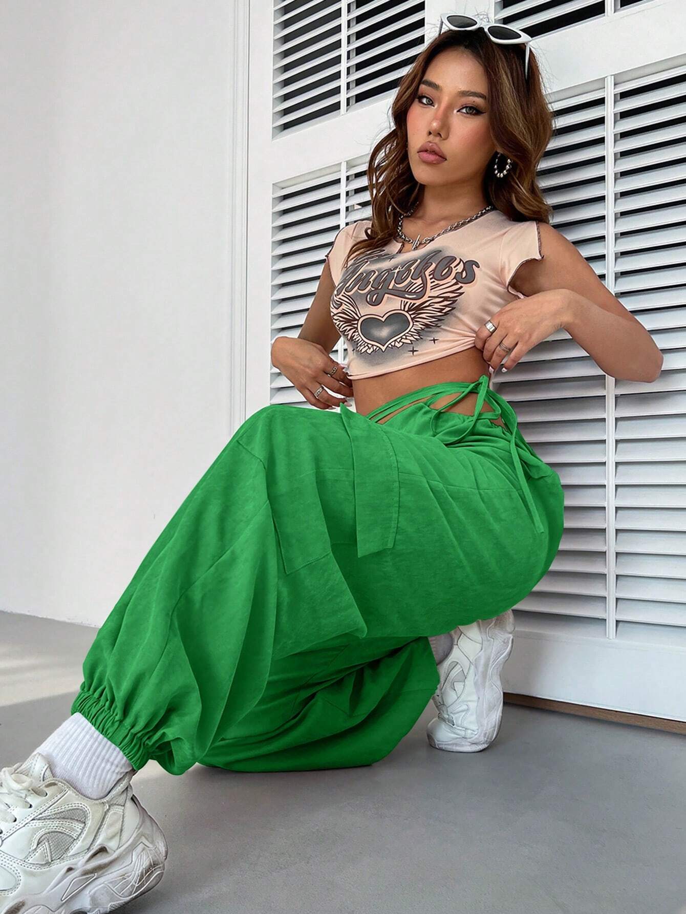 Casual Plain Drawstring Waist Cargo Pant – fabric detail close-up