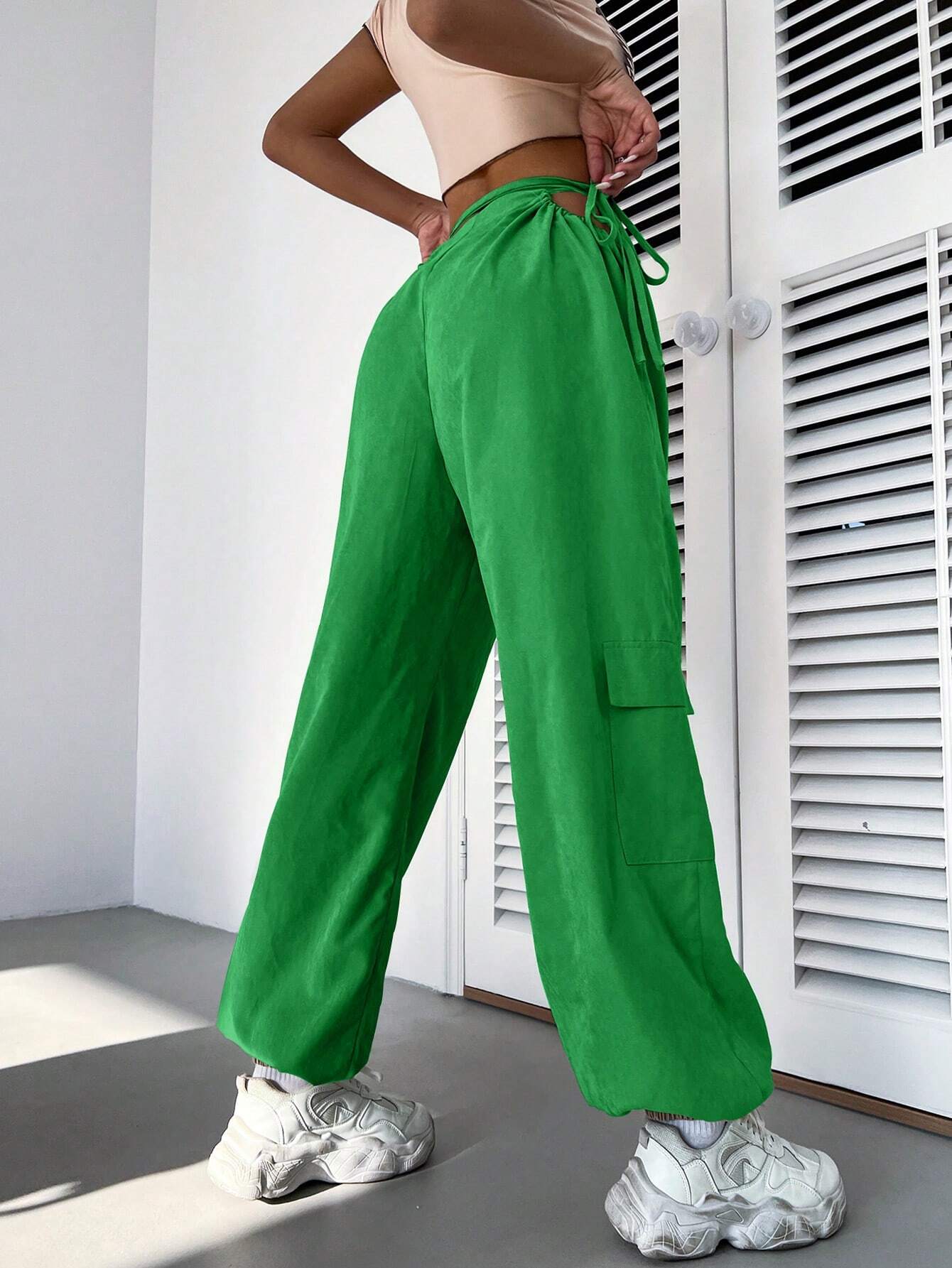 Casual Plain Drawstring Waist Cargo Pant – fit and style view