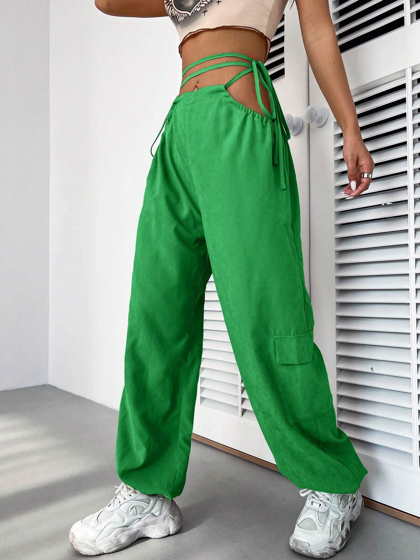 Casual Plain Drawstring Waist Cargo Pant – women's cargo pants front view