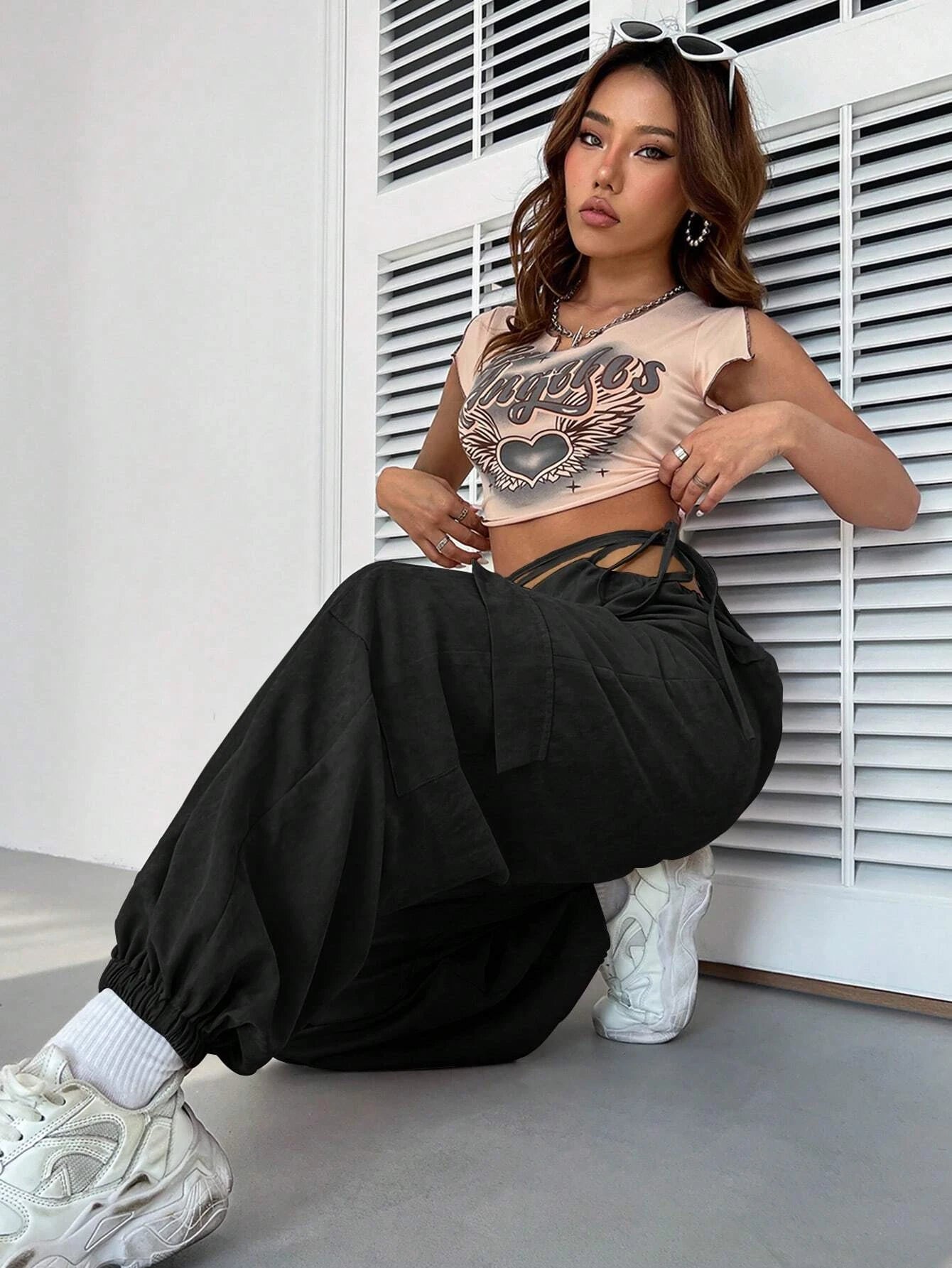 Casual Plain Drawstring Waist Cargo Pant – side profile view