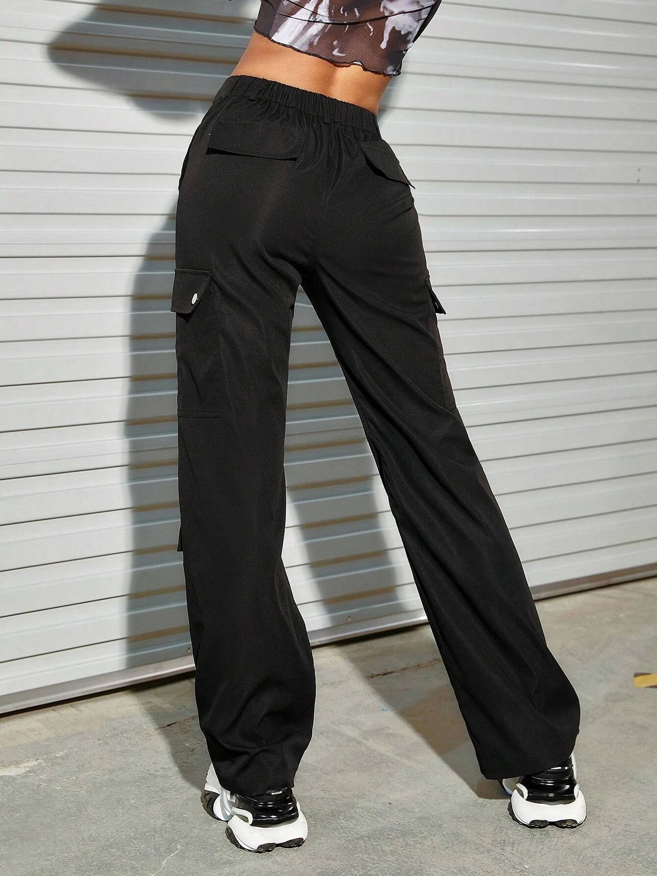 Metal Button Detail Flap Pocket Cargo Pants – back view detail