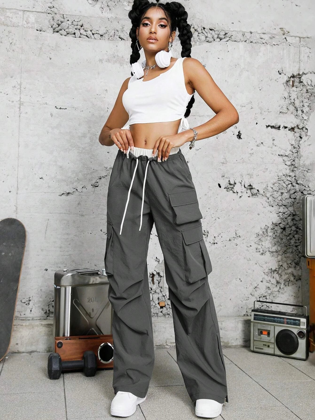 Ruched Drawstring Cargo Pant – pocket detail close-up