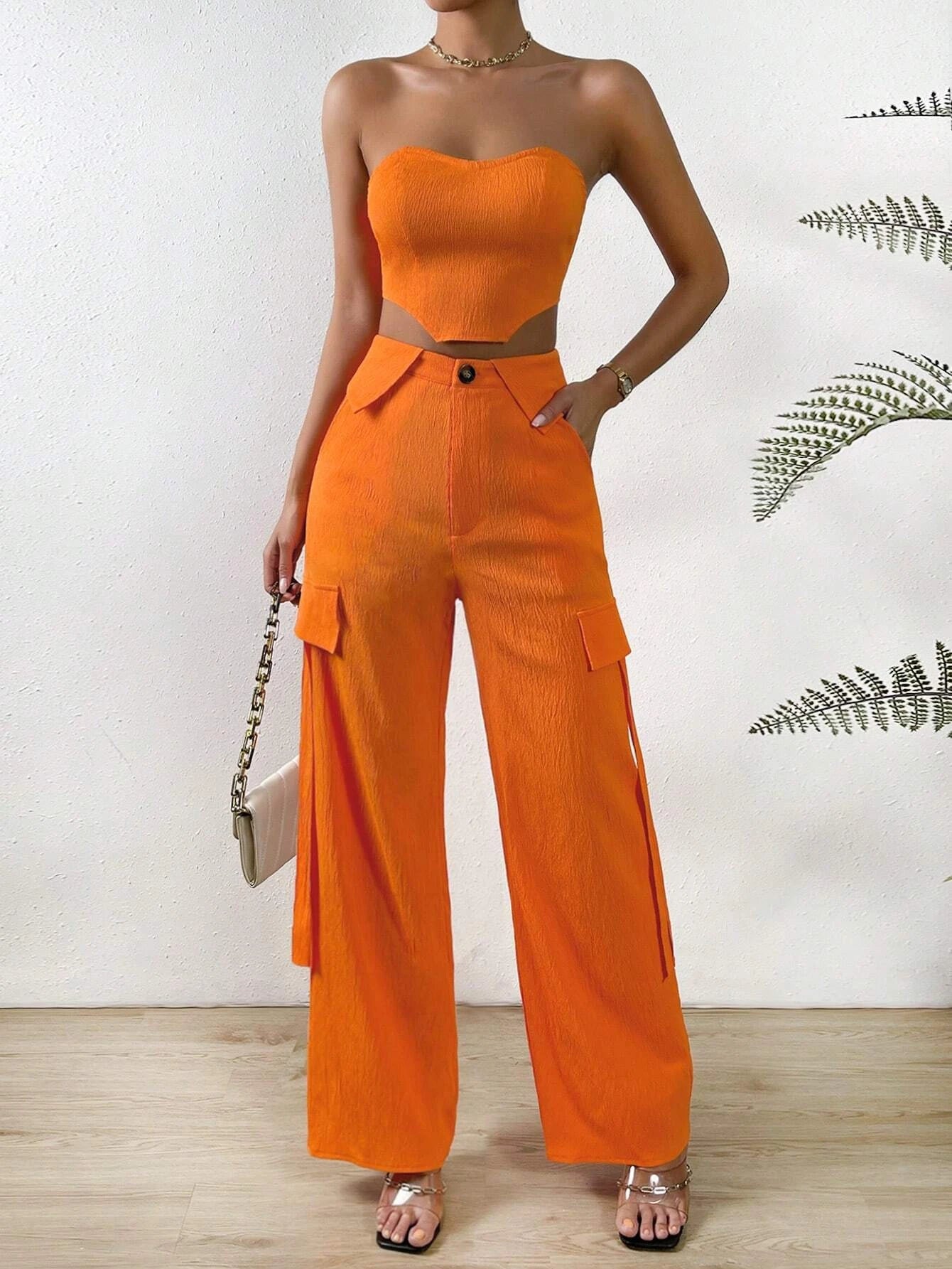 Solid Tube Top And Flap Pocket Side Cargo Pants – pocket detail close-up