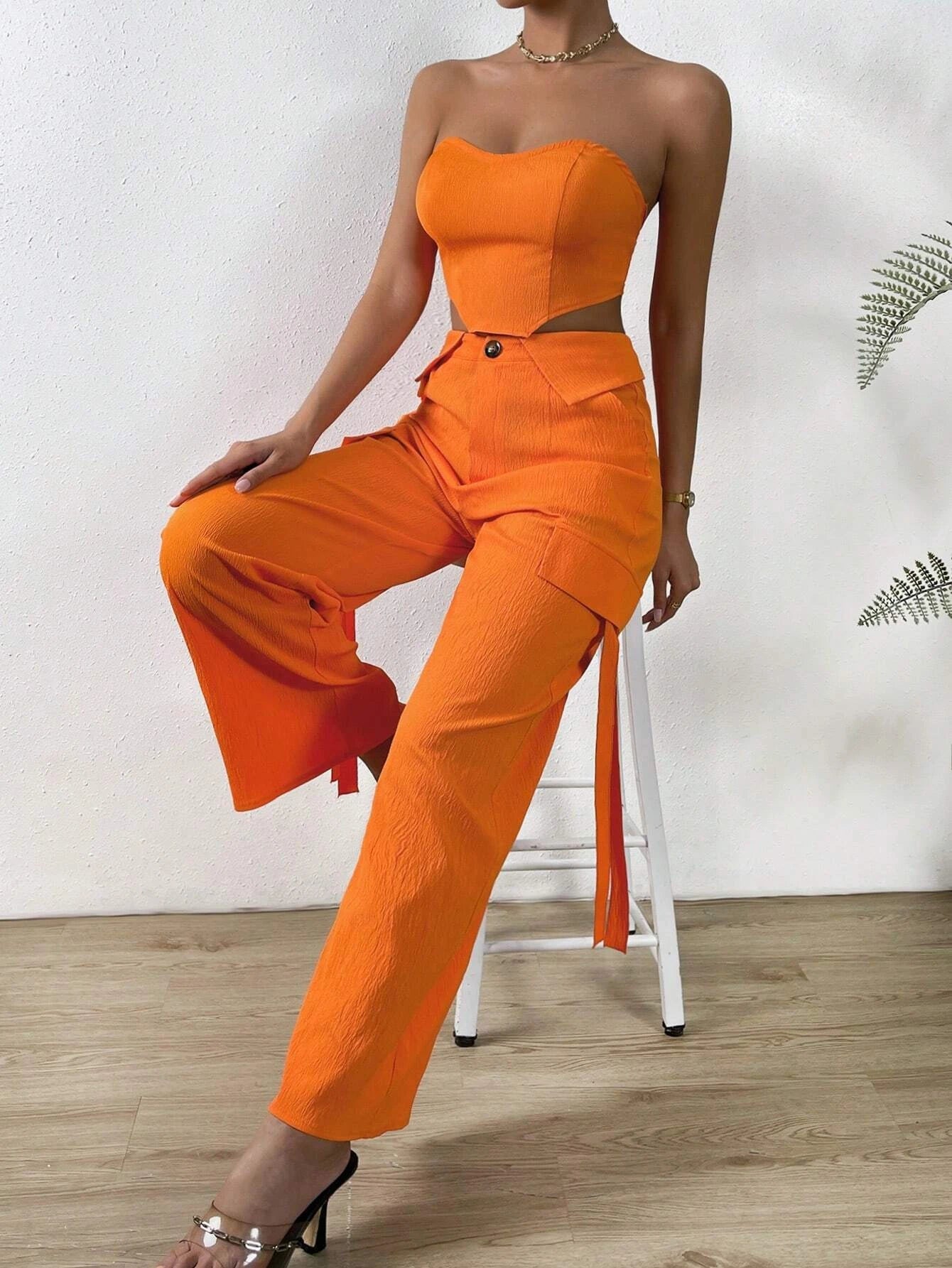 Solid Tube Top And Flap Pocket Side Cargo Pants – full length outfit view