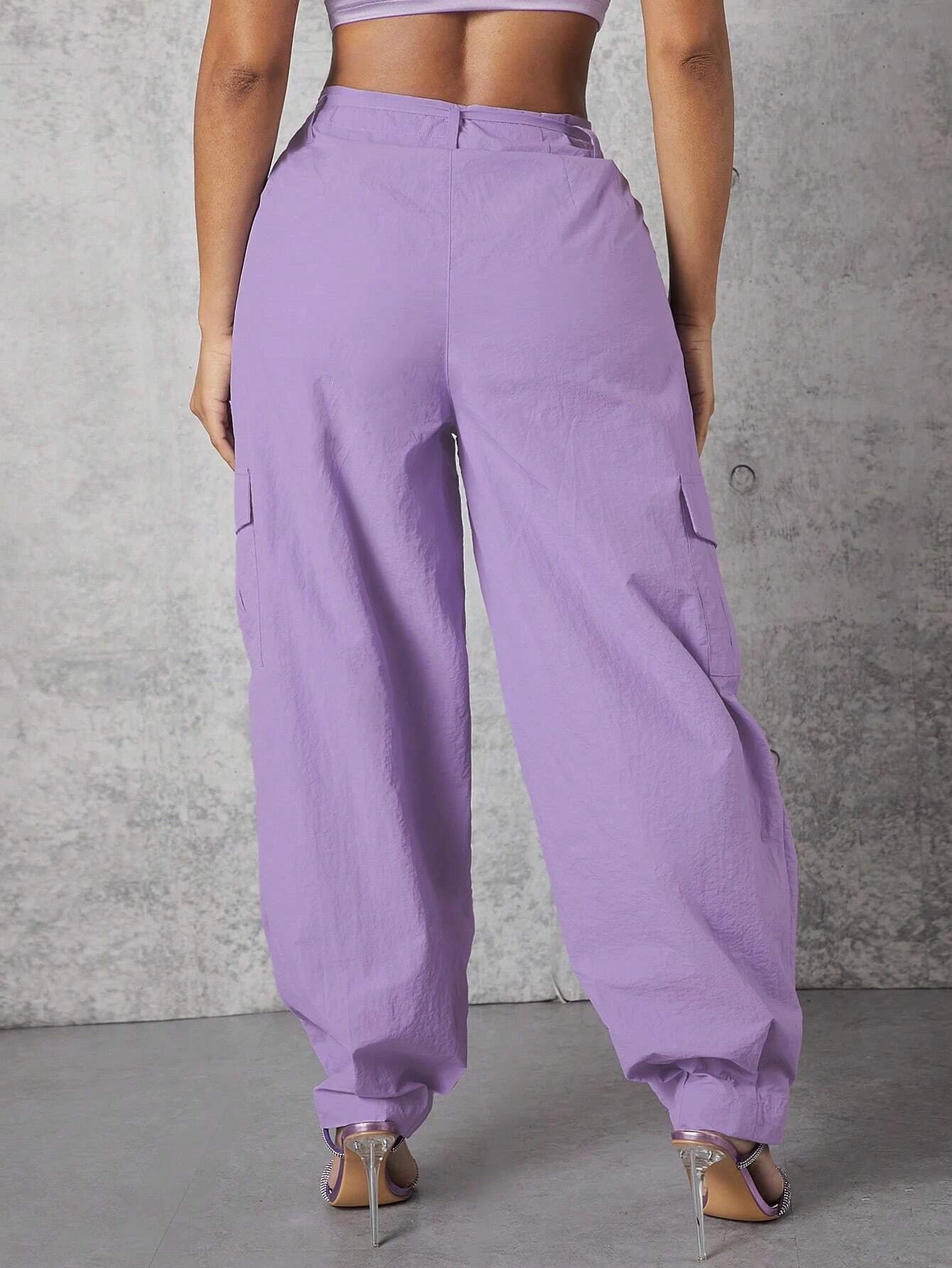 Solid Color Drawstring Waist Flap Pocket Belted Cargo Pants - Stretch Co – side profile view