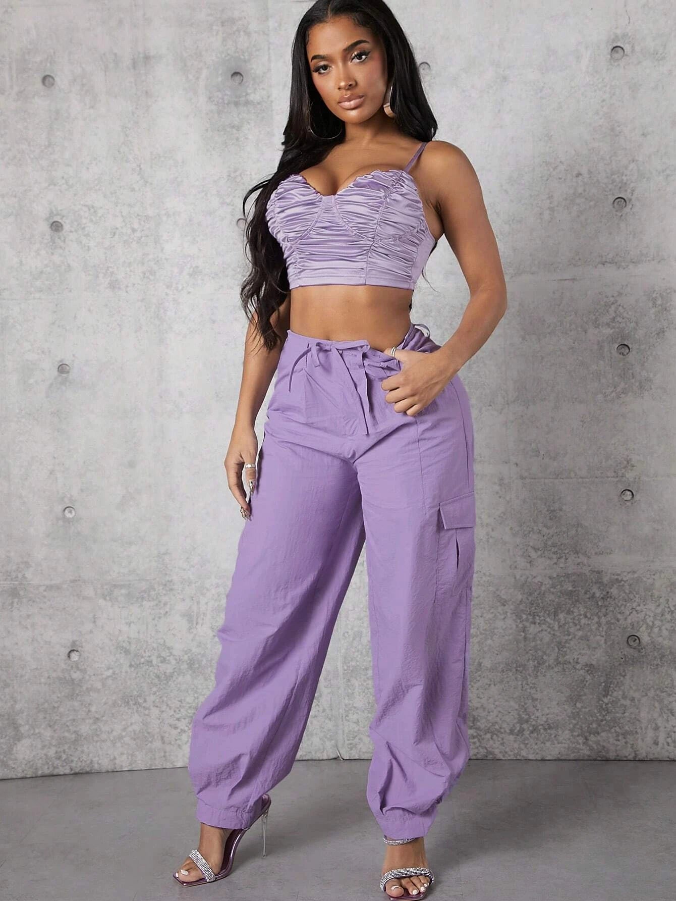 Solid Color Drawstring Waist Flap Pocket Belted Cargo Pants - Stretch Co – waistband detail
