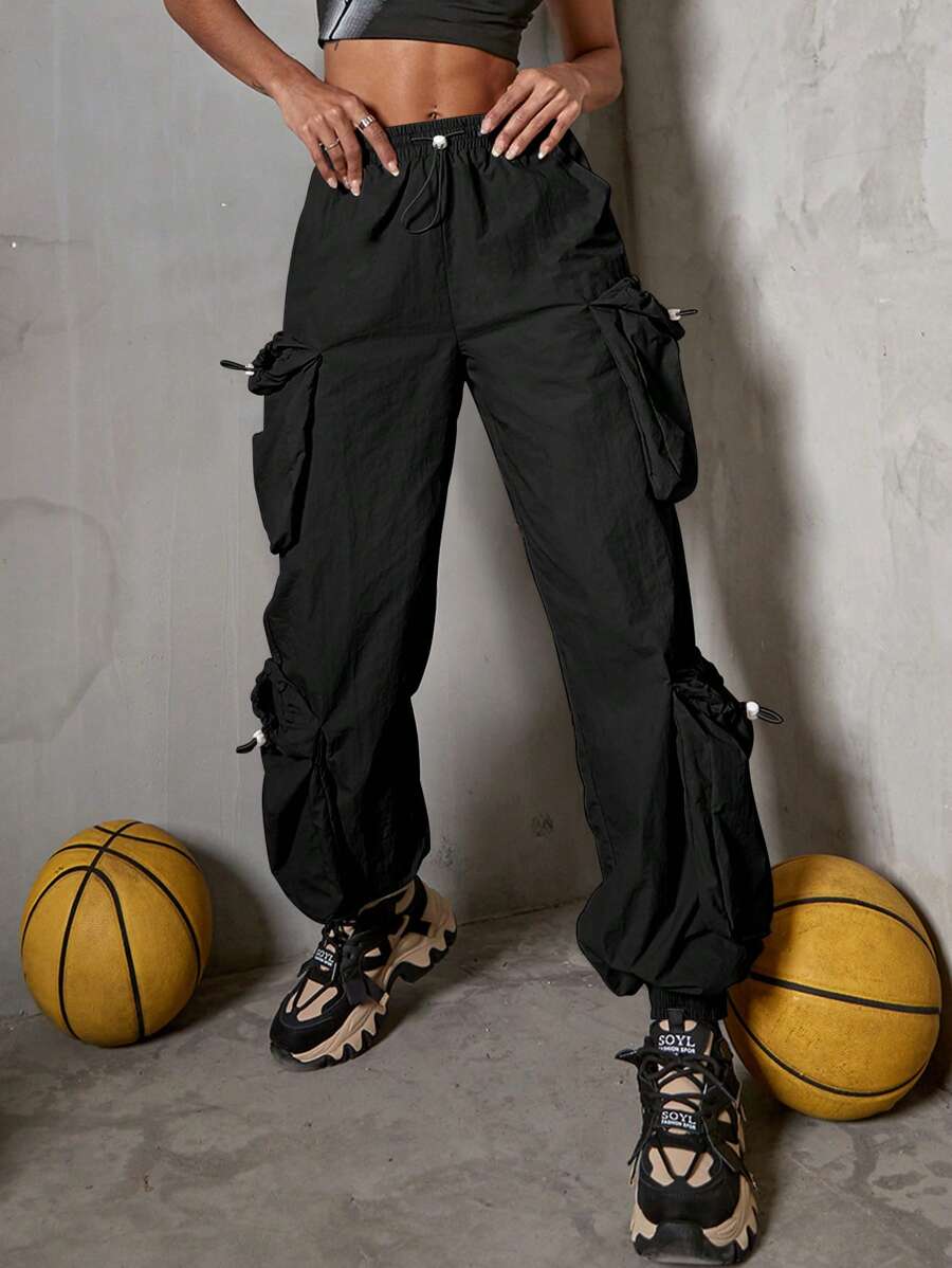 Casual Drawstring Waist Flap Side Pocket Cargo Pants – waistband detail