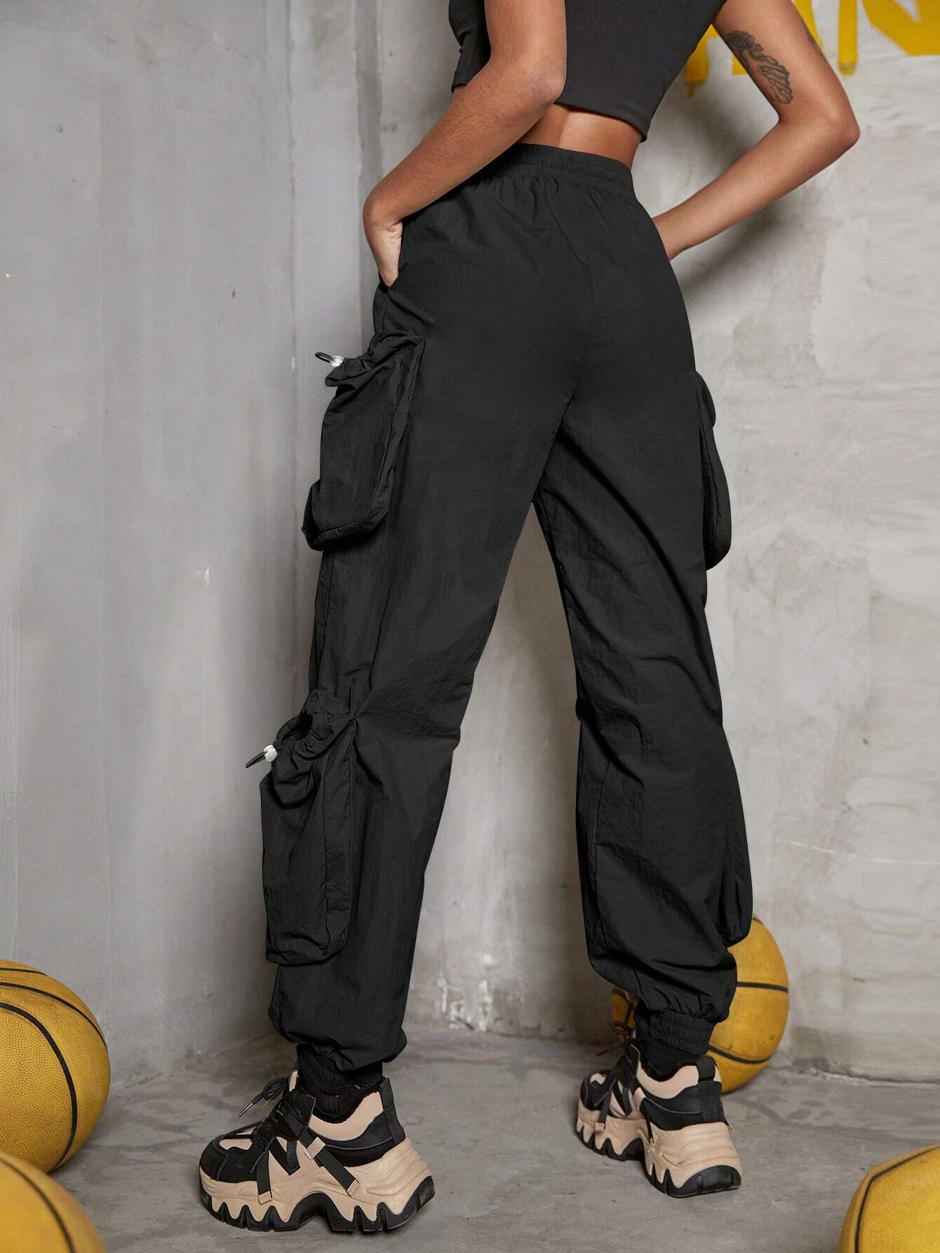 Solid Color Drawstring Detail Flap Pocket Cargo Pants – side profile view
