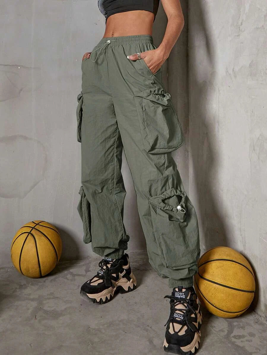 Casual Drawstring Waist Flap Side Pocket Cargo Pants – side profile view