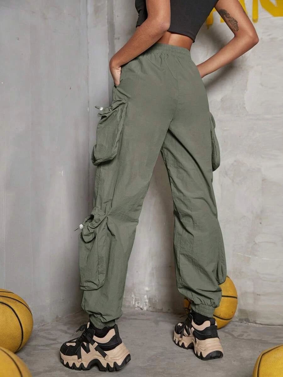 Casual Drawstring Waist Flap Side Pocket Cargo Pants – back view detail