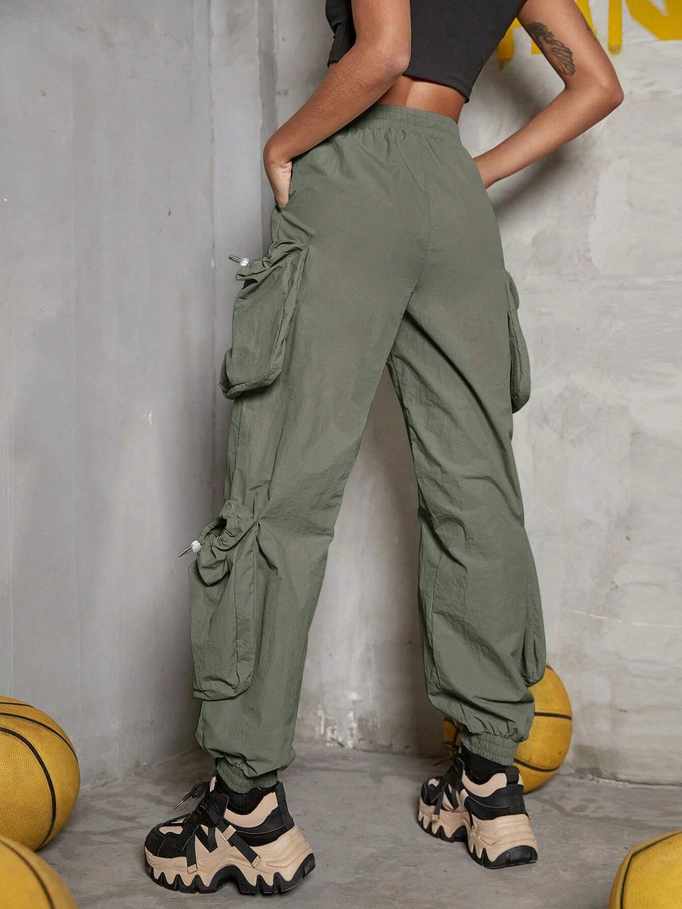 Solid Color Drawstring Detail Flap Pocket Cargo Pants – full length outfit view