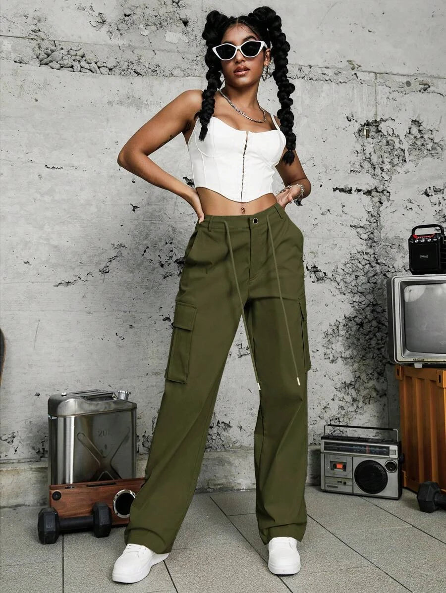 Trendy Drawstring Flap Pocket Side Cargo Pants – waistband detail