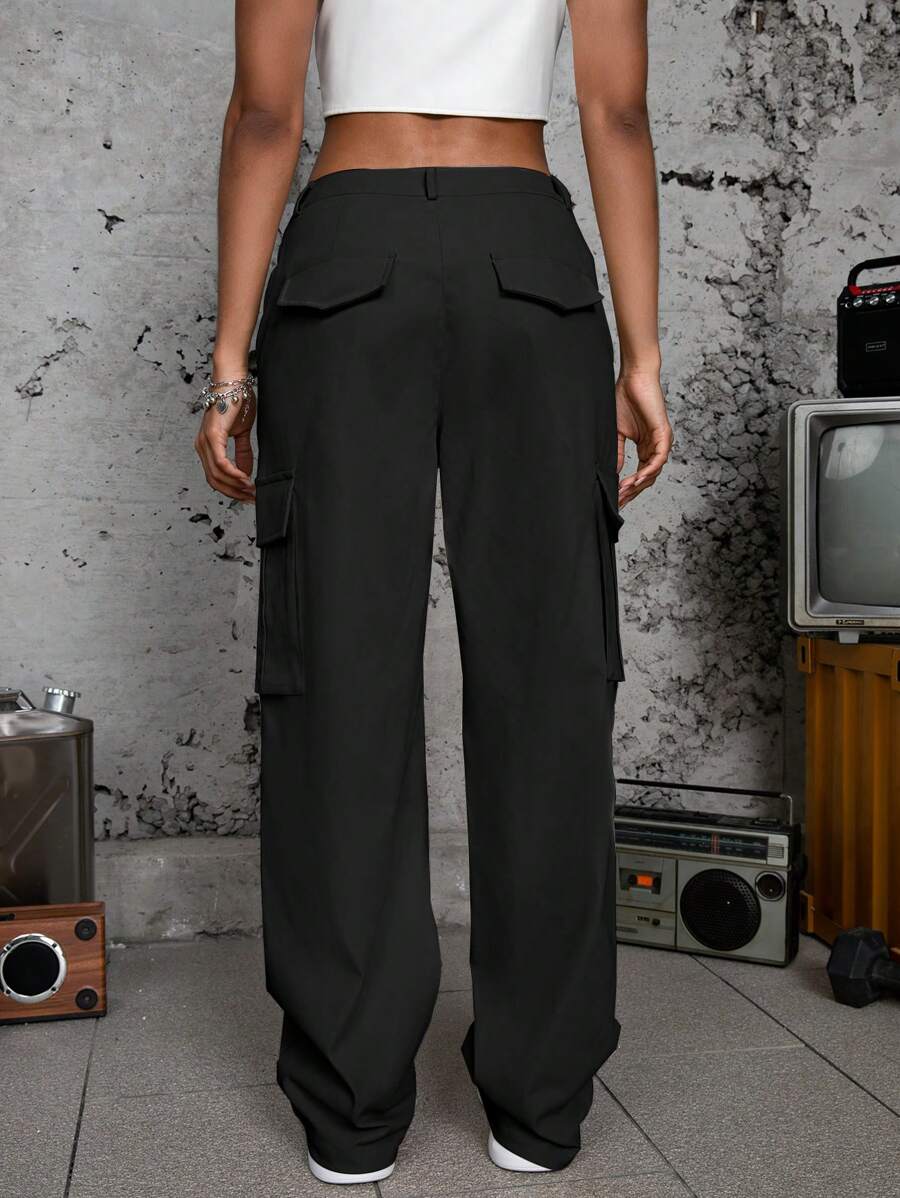 Trendy Drawstring Flap Pocket Side Cargo Pants – back view detail