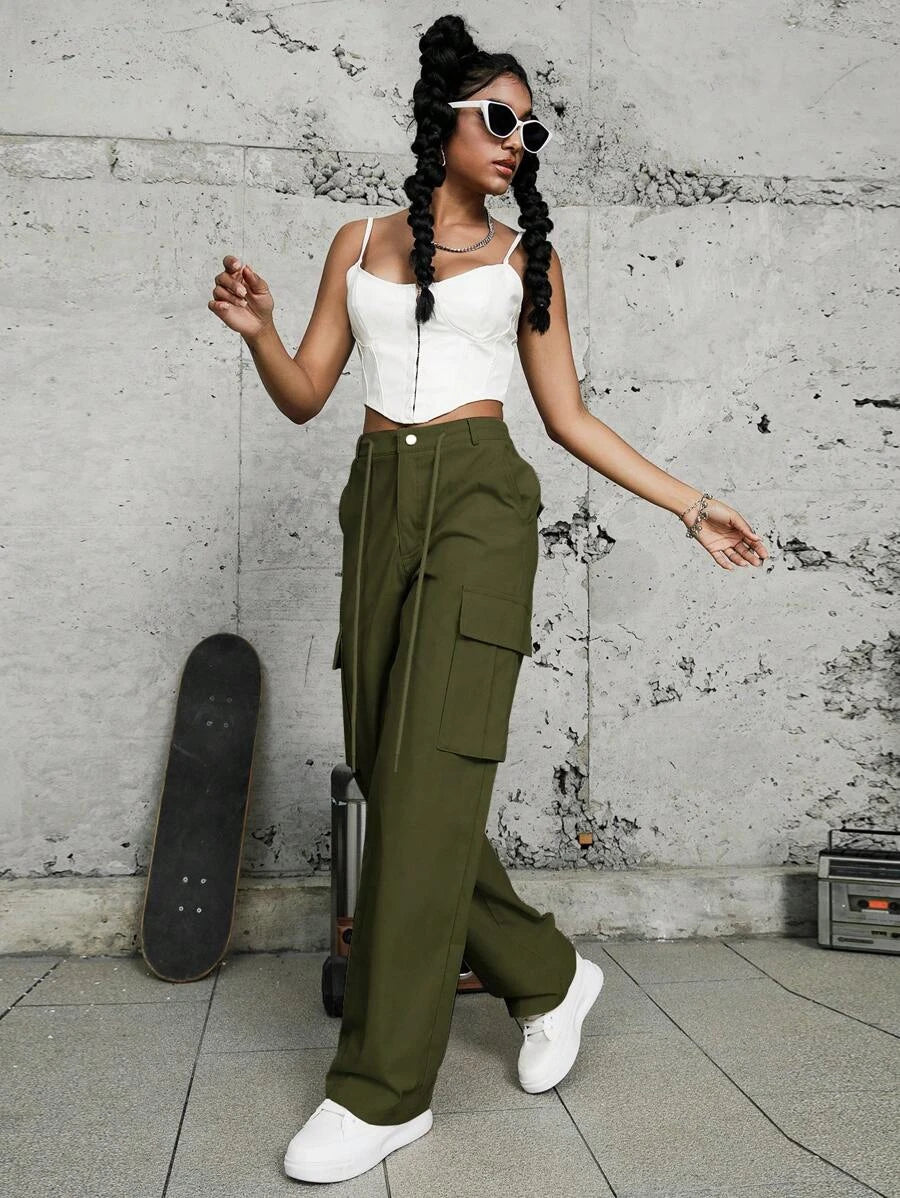 Trendy Drawstring Flap Pocket Side Cargo Pants – pocket detail close-up